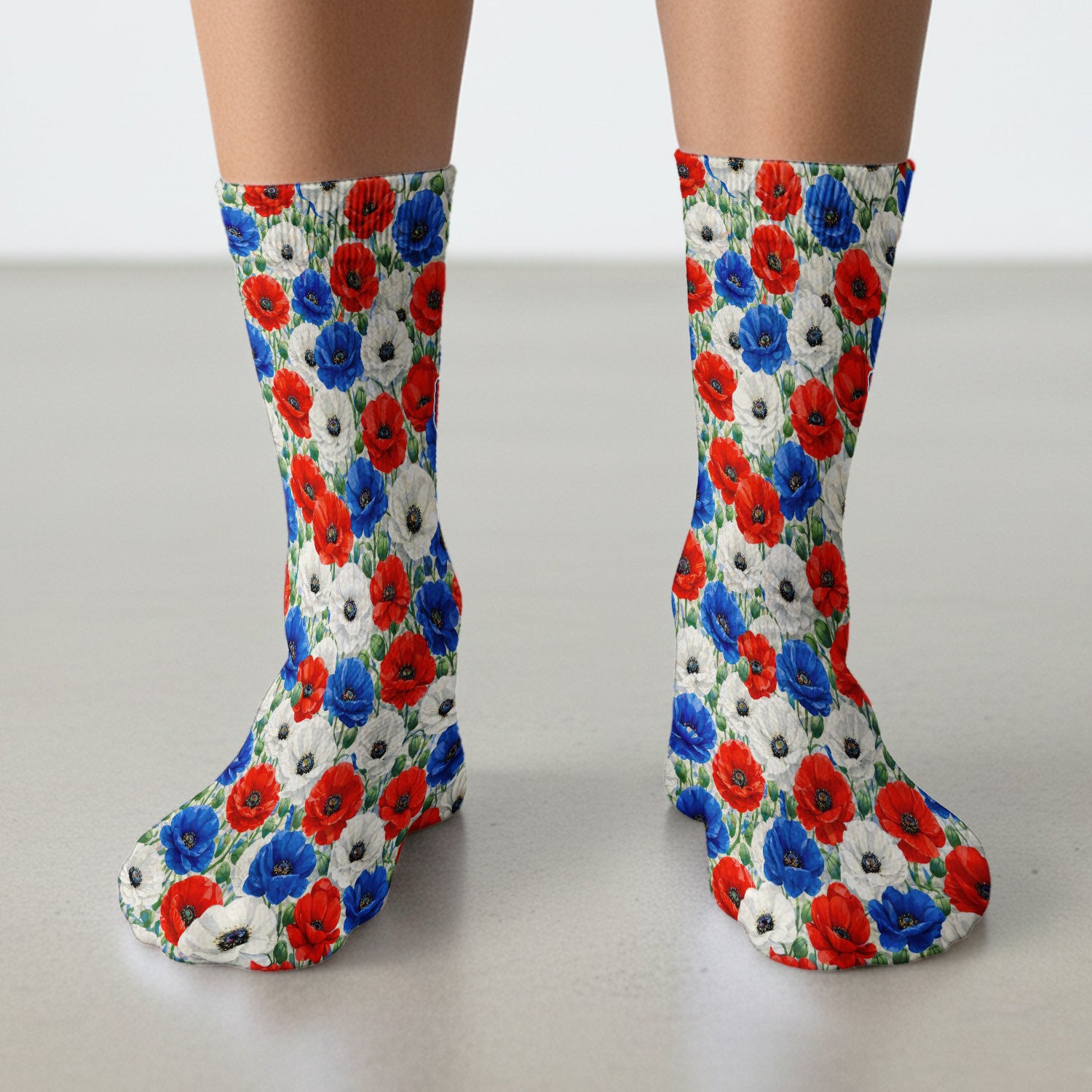 Festive Patriotic Red Blue Poppy Floral Pattern Socks, Adult Socks for Men and Women