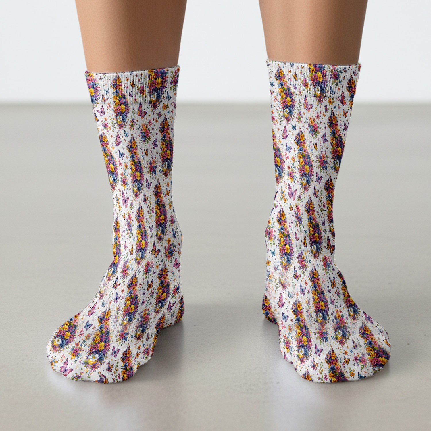 Cute Floral Cat With Butterfly Pattern Socks, Adult Socks for Men and Women