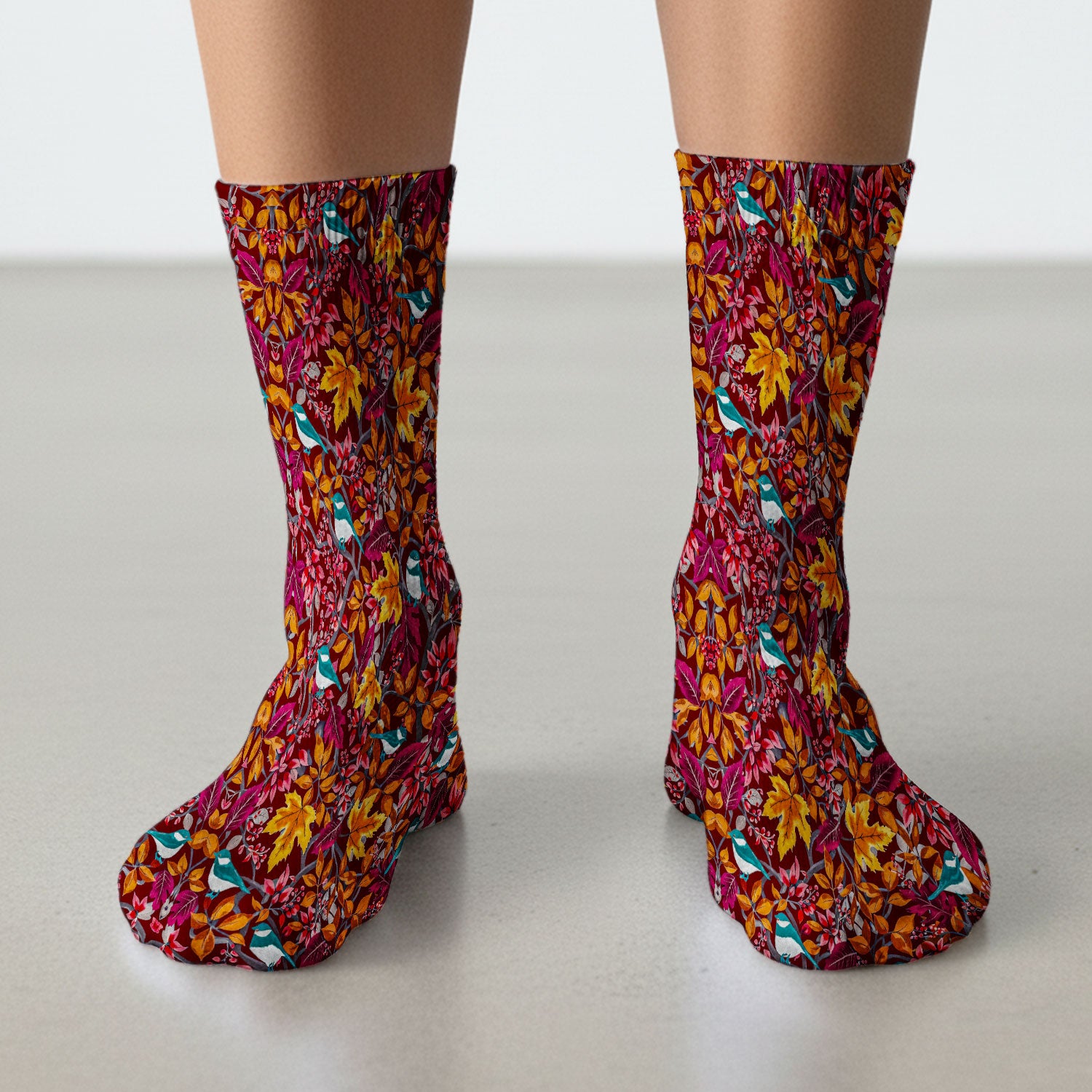 Autumn Leaves Blue Bird Pattern Print Socks, Breathable Fabrics Medical Uniform