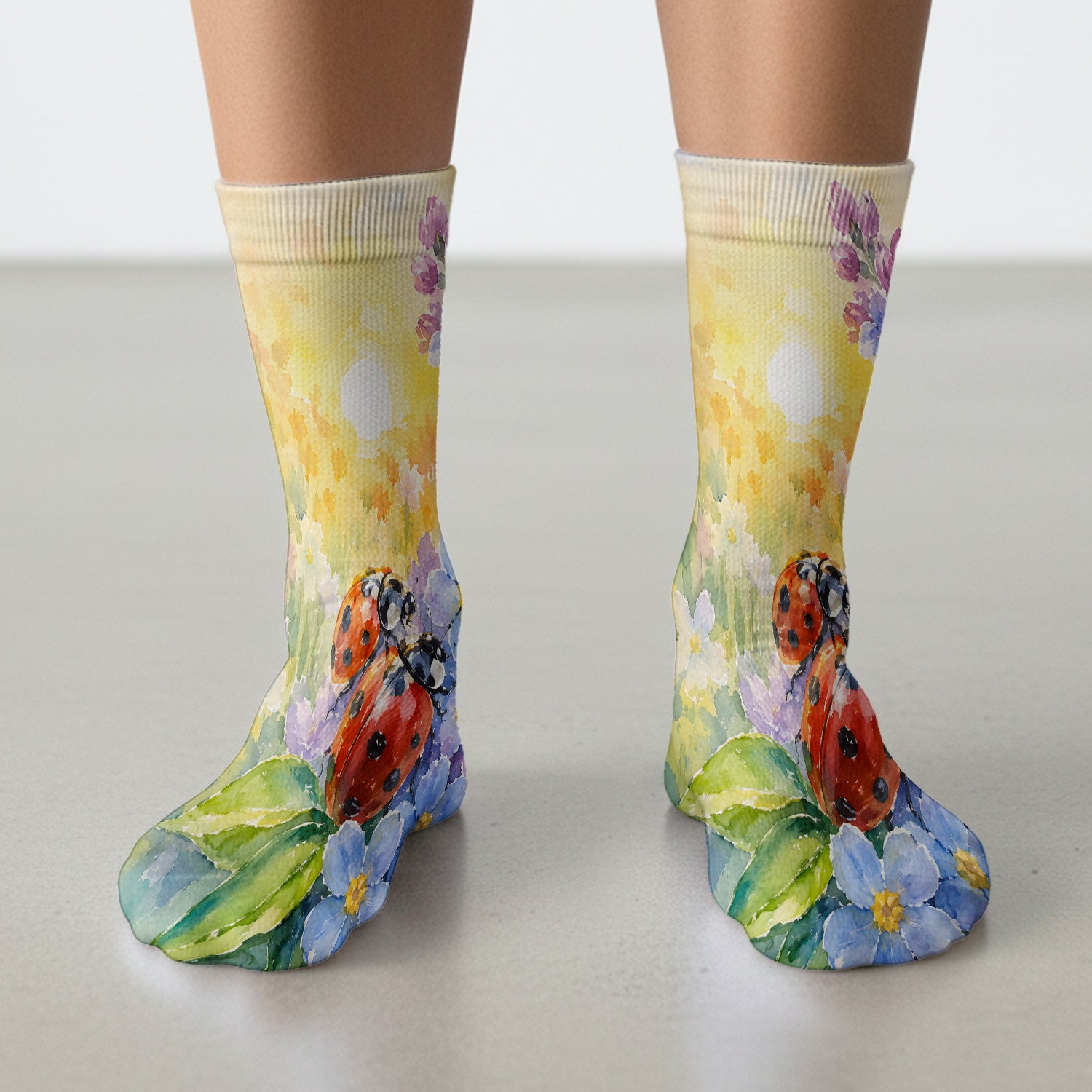 Ladybug Spring Flower Garden Print Socks, Adult Socks for Men and Women