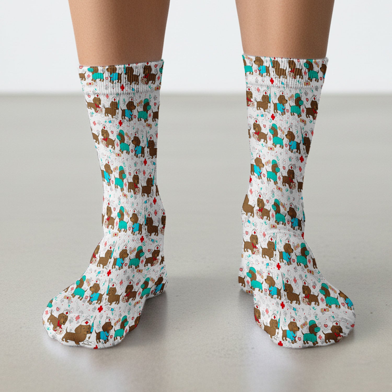 Cute Wiener Dog Dachshund Nurse Scrub Socks, Funny Dachshund Dog Scrubs Sock, Breathable Fabrics Nursing Uniform