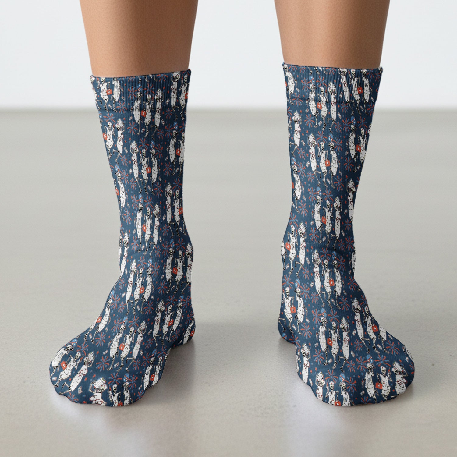 Funny Skeleton Nurse Patriotic Print Socks, Breathable Fabrics Medical Uniform