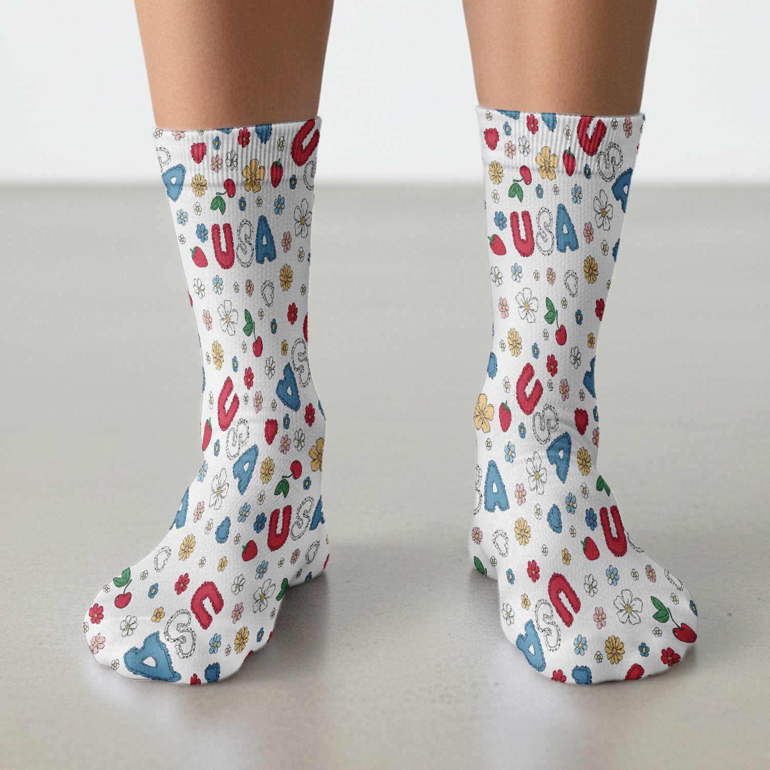 USA Cherry Strawberry Floral Patch Pattern Socks, Breathable Fabrics Medical Uniform