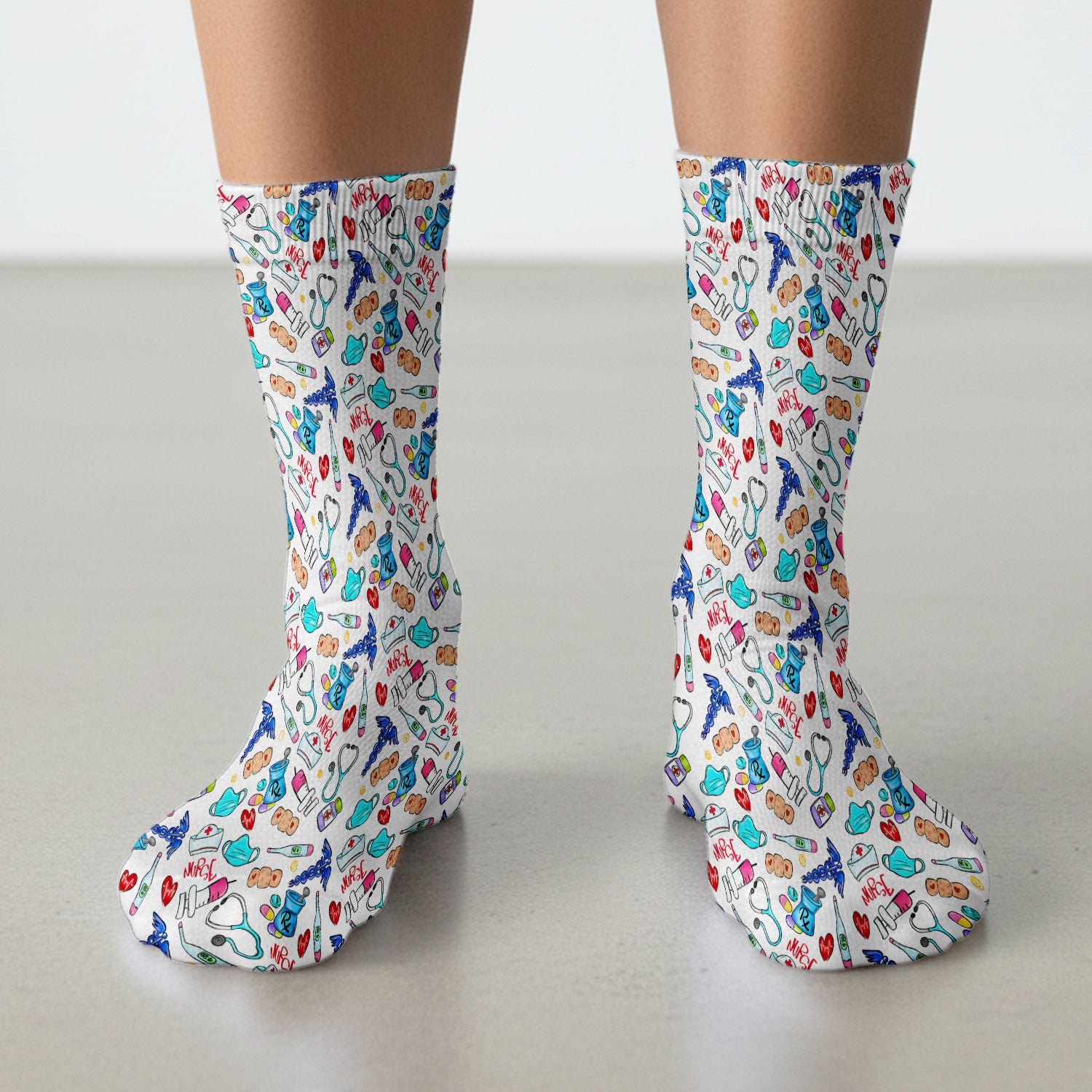 Nurse Medical Icons Stethoscope Heart Pattern Socks, Breathable Fabrics Medical Uniform