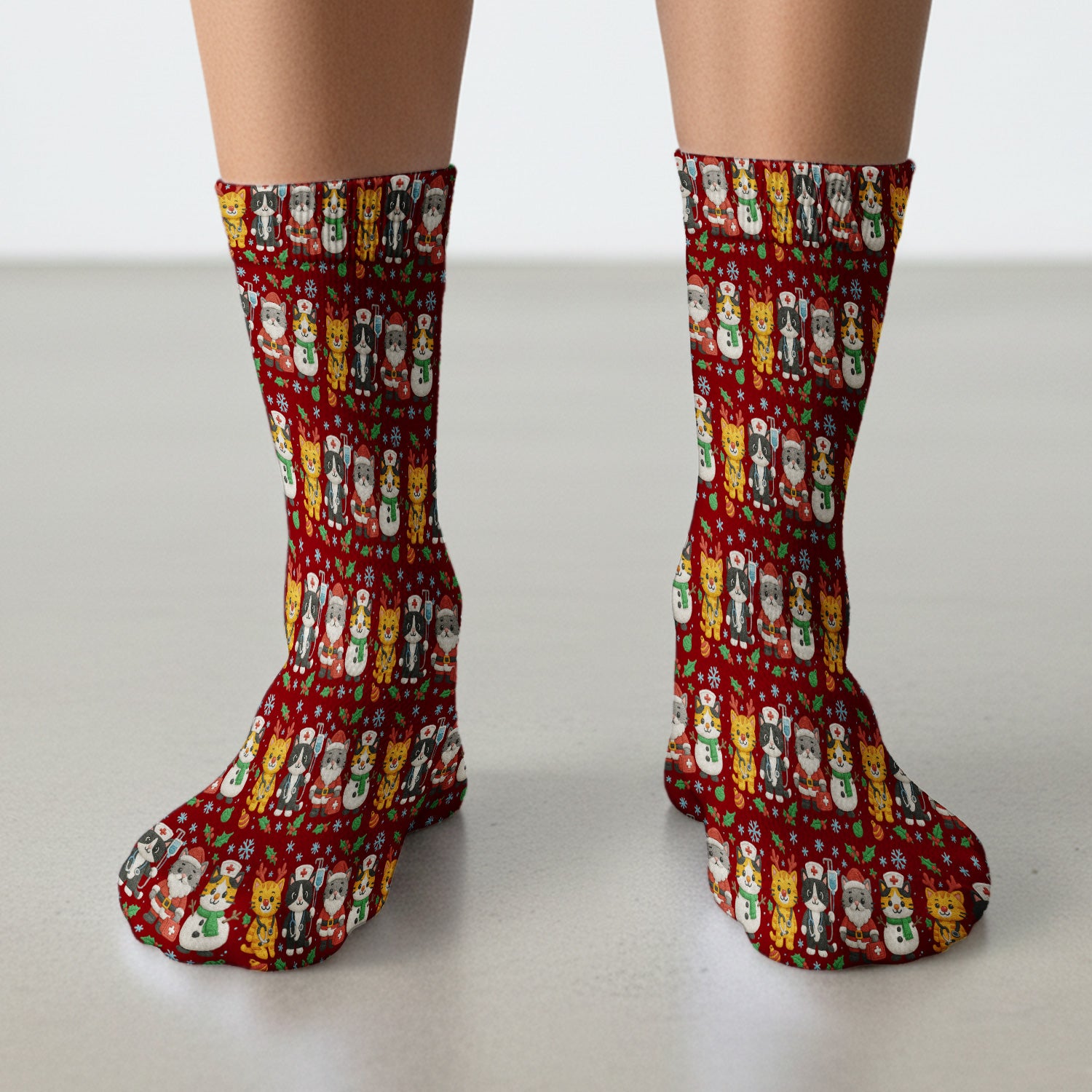 Christmas Cat Nurse Pattern Scrub Socks, Cute Holiday Kitty Medical Uniform Sock For Nursing