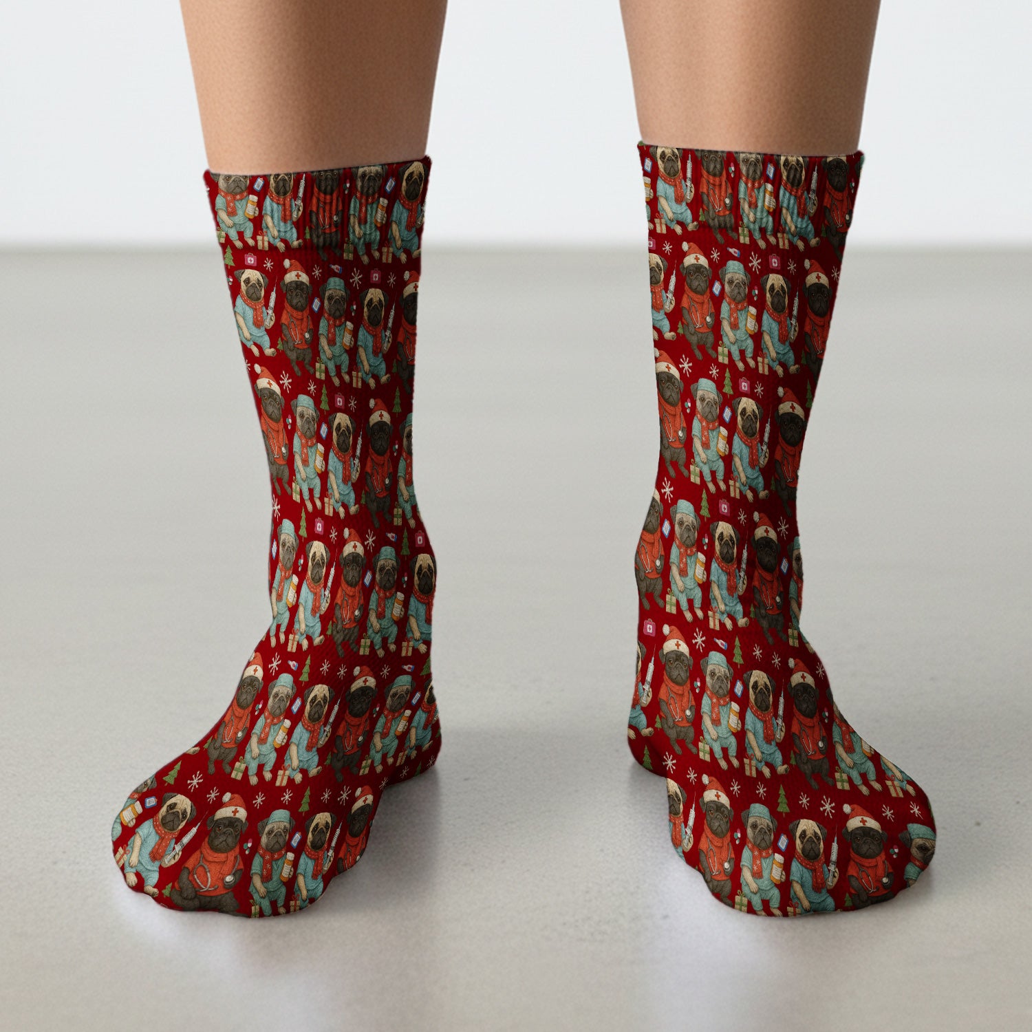 Christmas Pug Nurse Scrub Socks, Cute Holiday Dog Medical Uniform Shirt For Nursing
