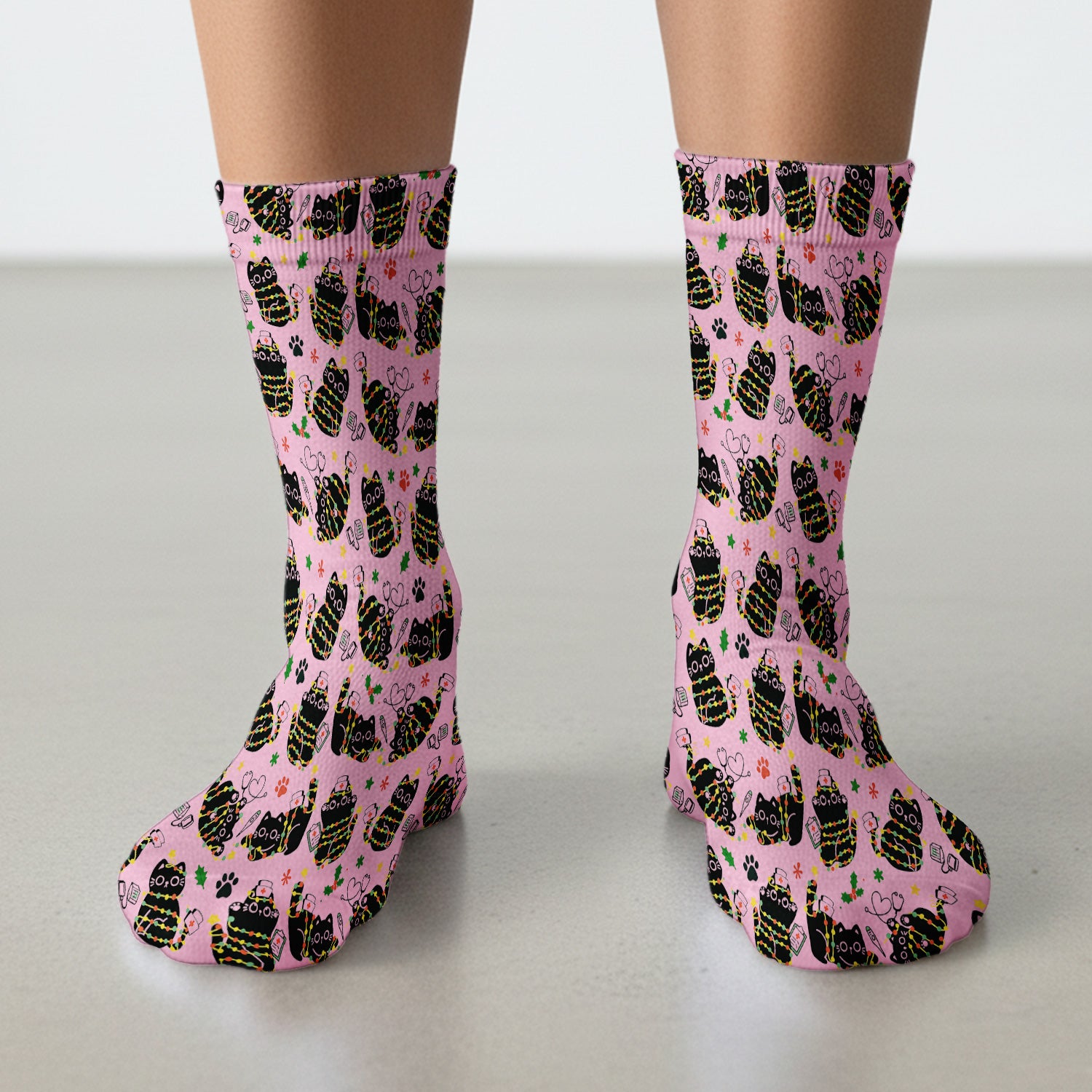 Black Cat Christmas Scrub Socks – Nurse & Holiday Lights Pattern Sock – Cute Medical Uniform For Nursing