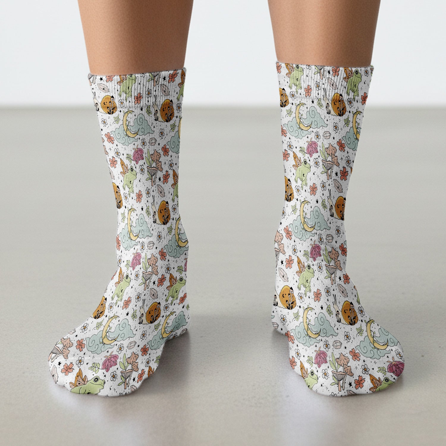 Whimsical Frog Moon Mushroom Pattern Socks, Breathable Fabrics Medical Uniform