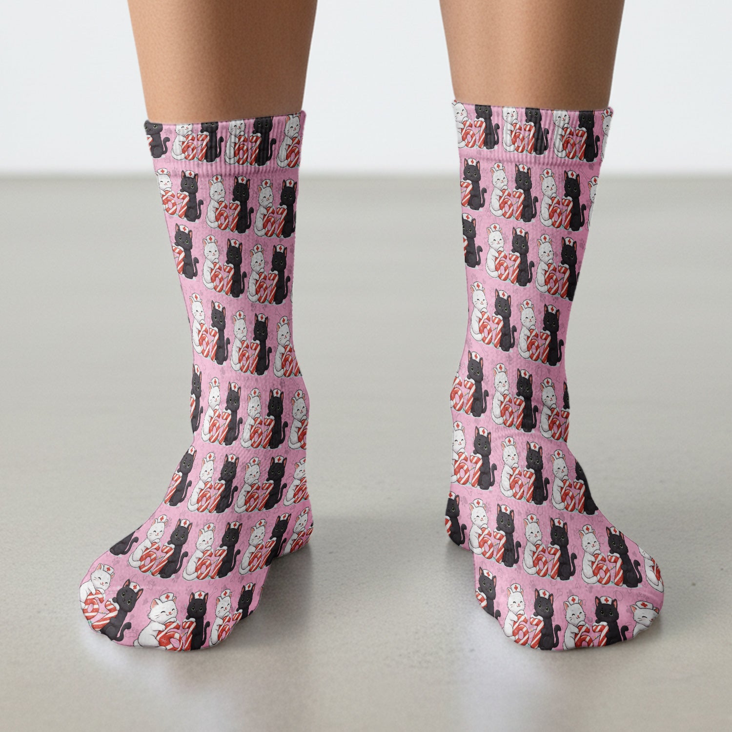 Xmas Cat Pattern Scrub Socks, Christmas Nurse Six Seven With Cat Scrub Sock, Breathable Fabrics Nursing Uniform