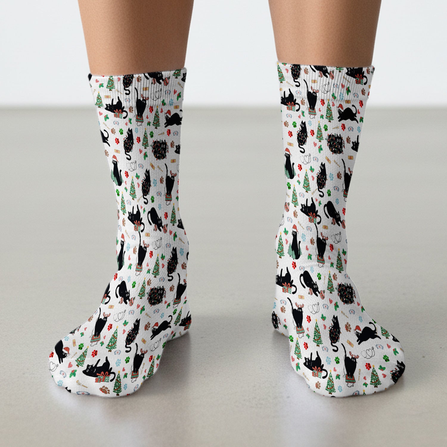 Black Cat Christmas Nurse Scrub Socks, Festive Kitty Medical Uniform for Women