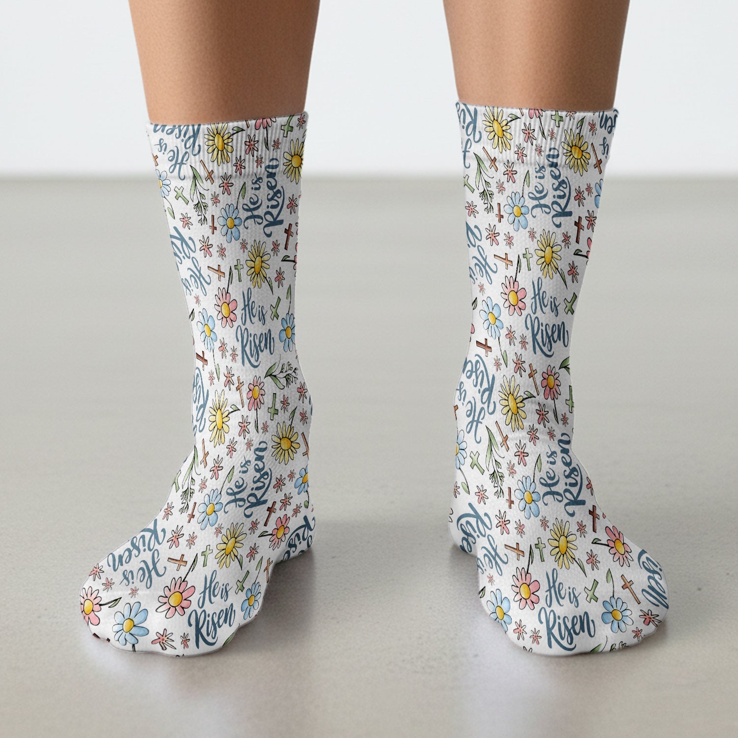 He Is Risen Cross Flower Pattern Socks, Adult Socks for Men and Women