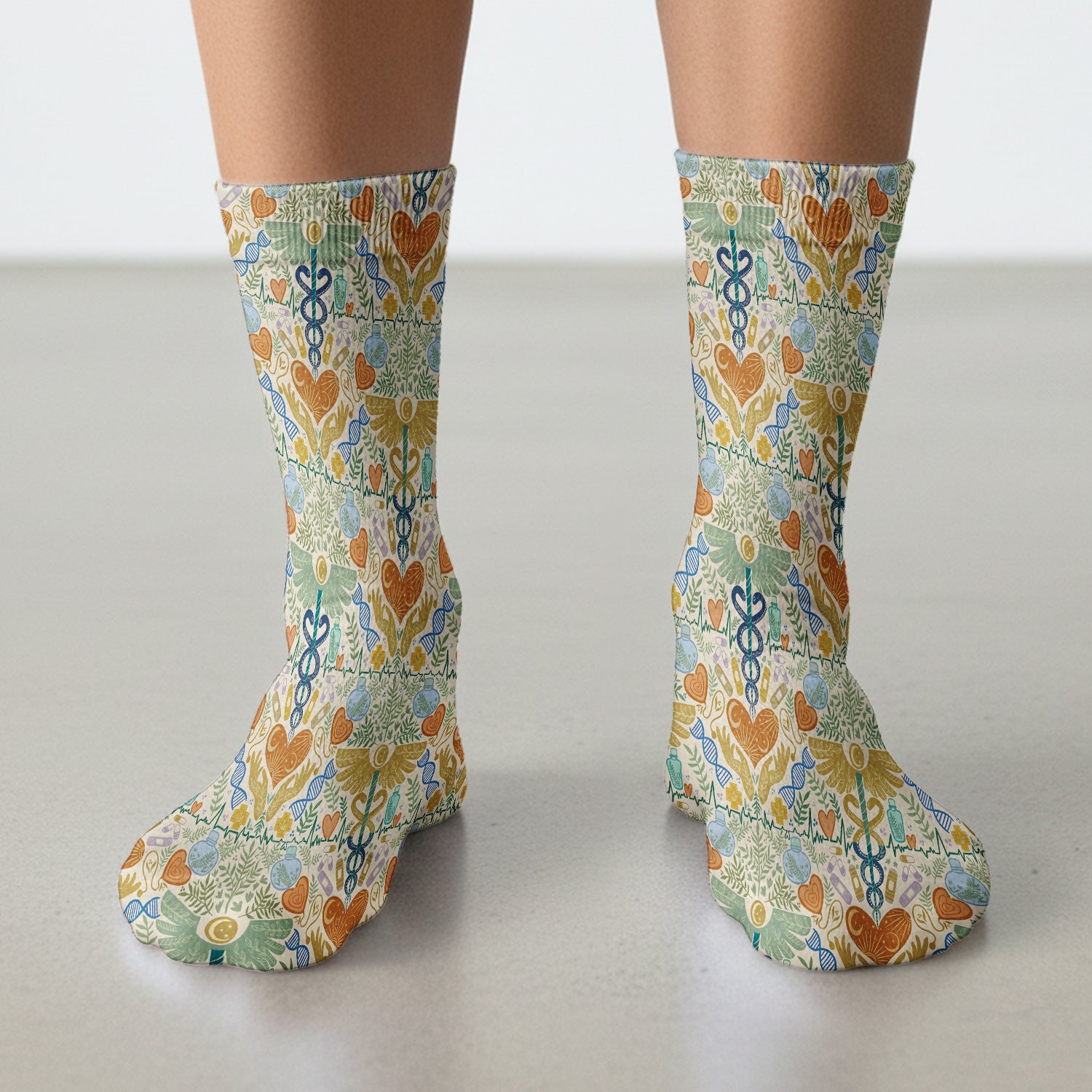 Inspirational Botanical Medical Caduceus Heart Nurse Pattern Socks, Breathable Fabrics Medical Uniform