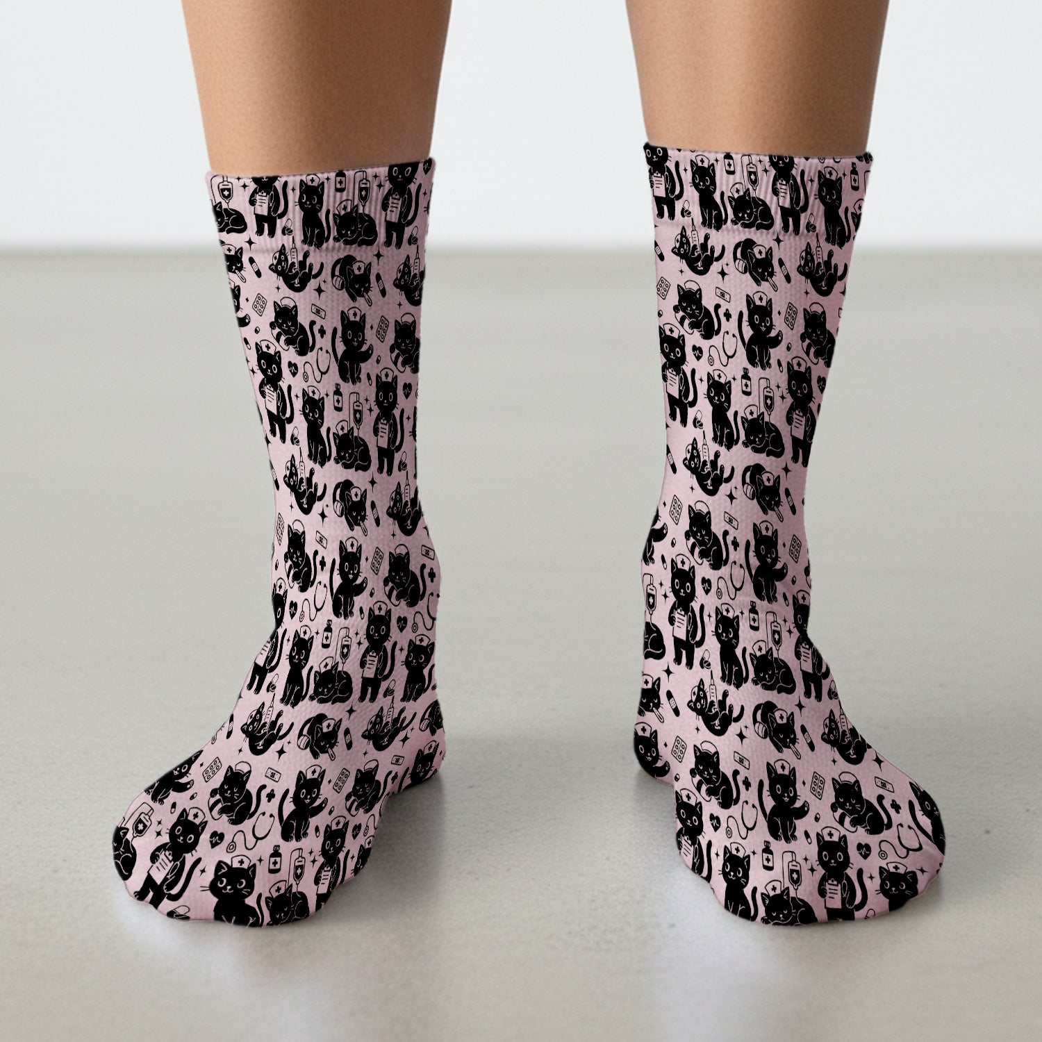 Cute Black Cat Nurse Pattern Socks, Adult Socks for Men and Women