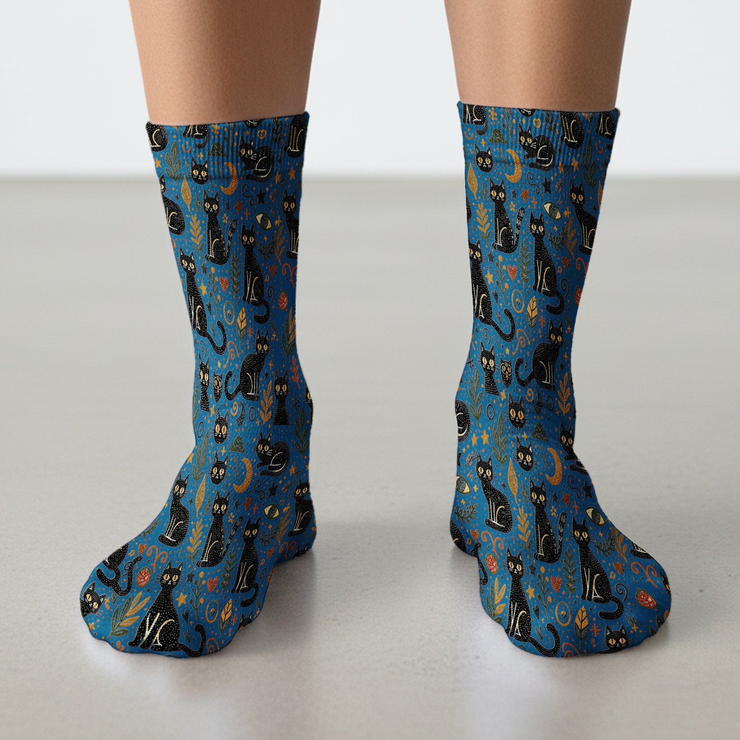 Mystic Black Cat Celestial Doodle Pattern Socks, Breathable Fabrics Medical Uniform