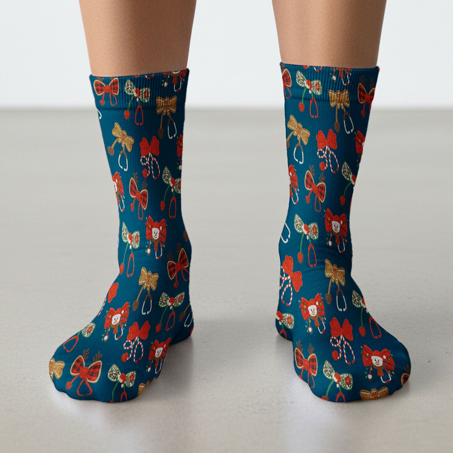 Christmas Stethoscope Bow Nurse Scrub Socks, Xmas Pattern Scrub Sock, Holiday Nursing Uniform