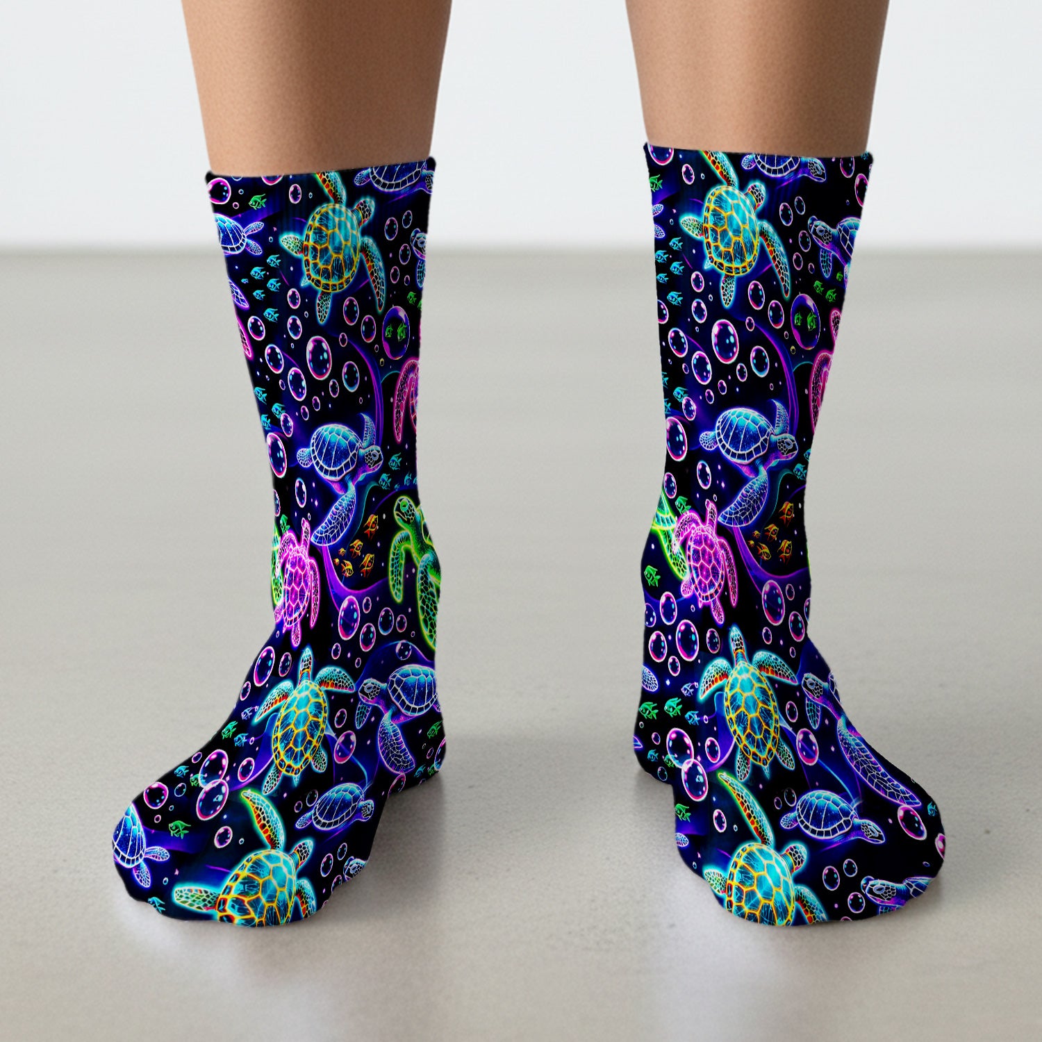 Neon Sea Turtle Swimming Bubble Ocean Socks, Adult Socks for Men and Women