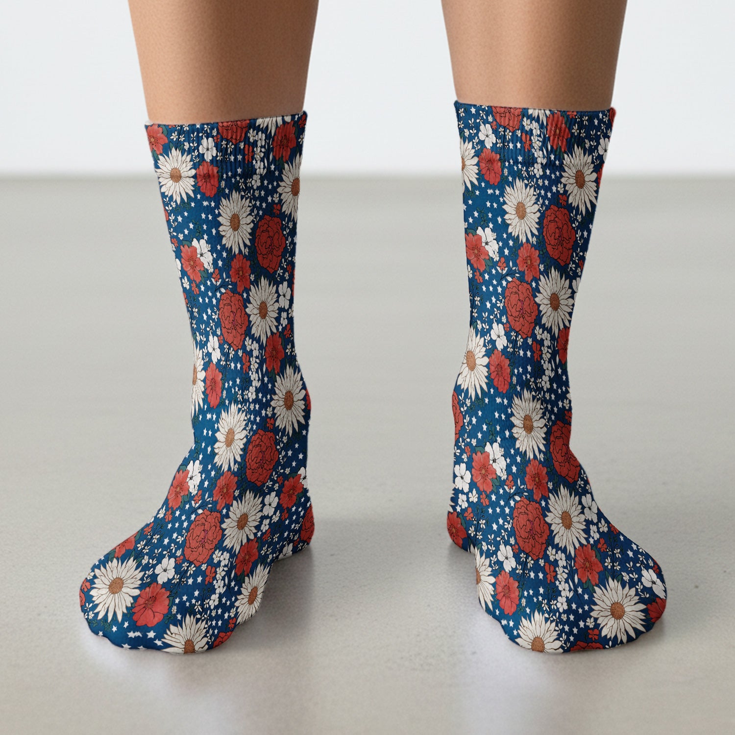 Red White Blue Floral Pattern Socks, Adult Socks for Men and Women