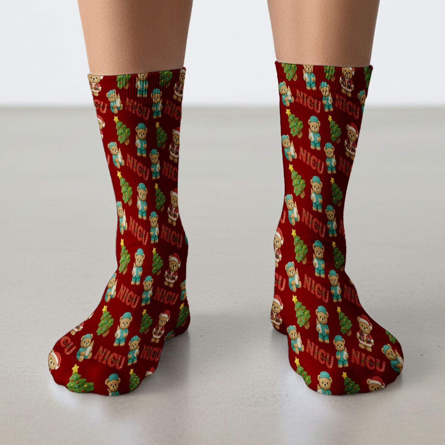 Festive Christmas NICU Nurse Teddy Bear Pattern Print Socks, Adult Socks for Men and Women