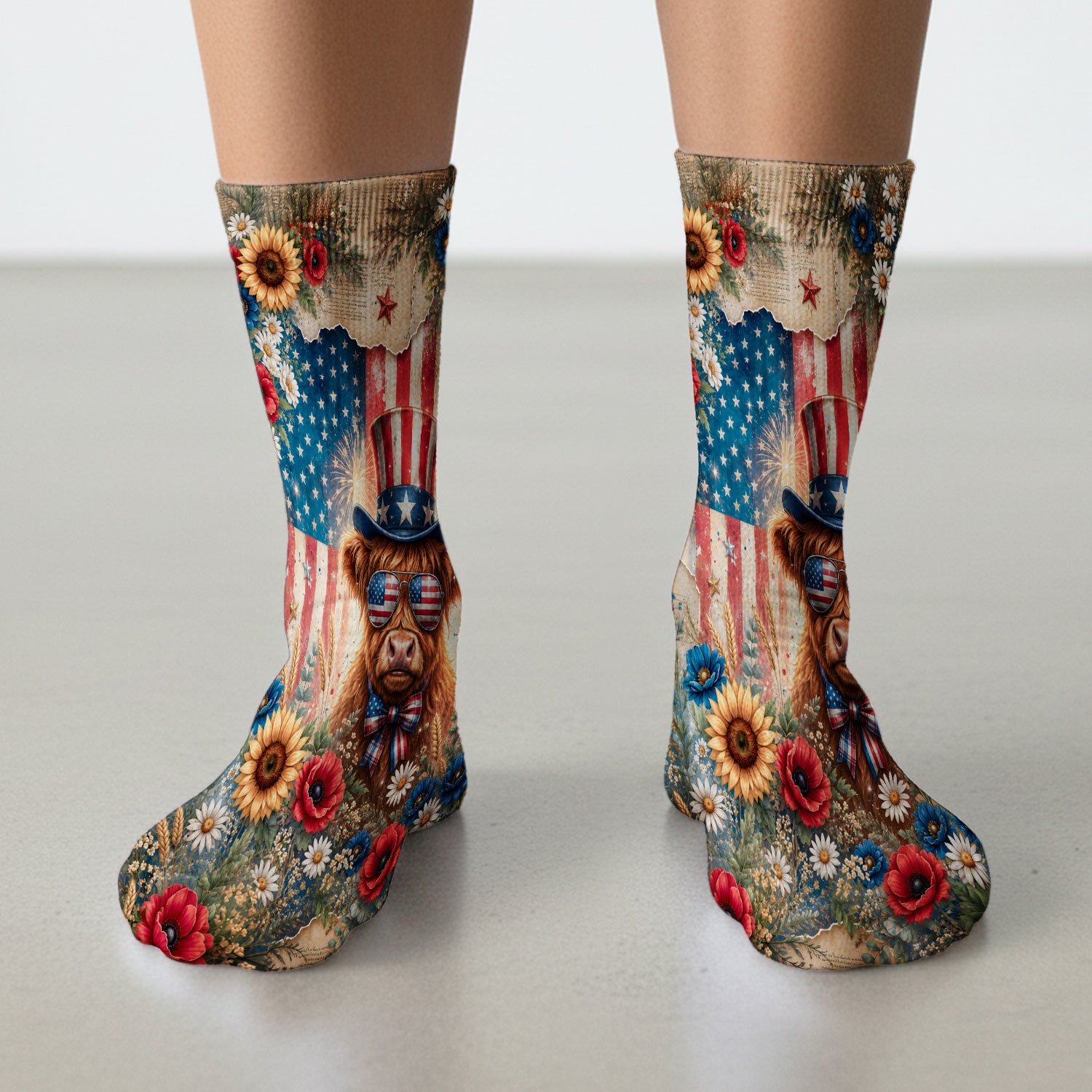 Patriotic Highland Cow Nurse for RN, CNA, Healthcare Workers Socks, Adult Socks for Men and Women