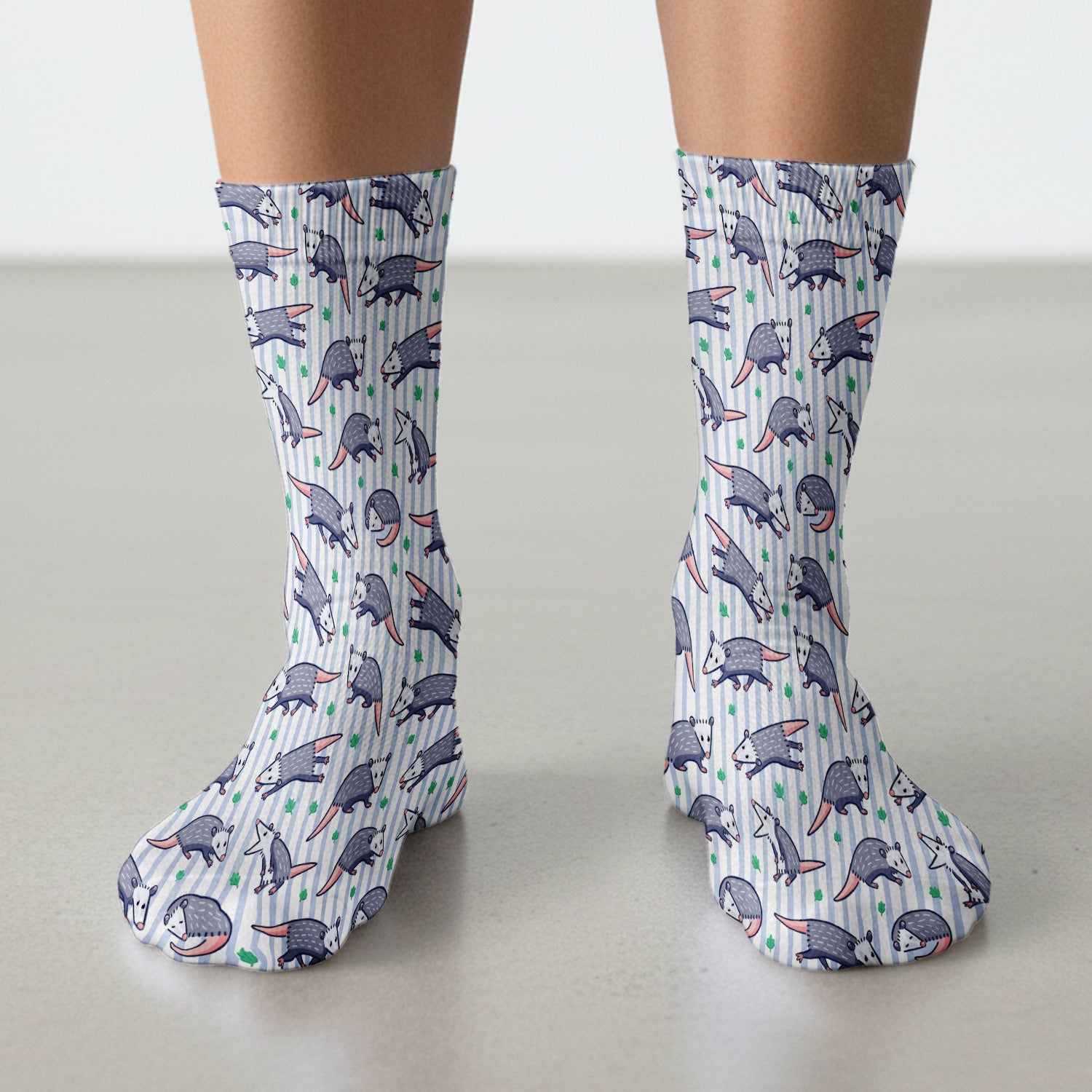 Cute Opossum Blue Stripe Pattern Socks, Socks for Nurse Doctor