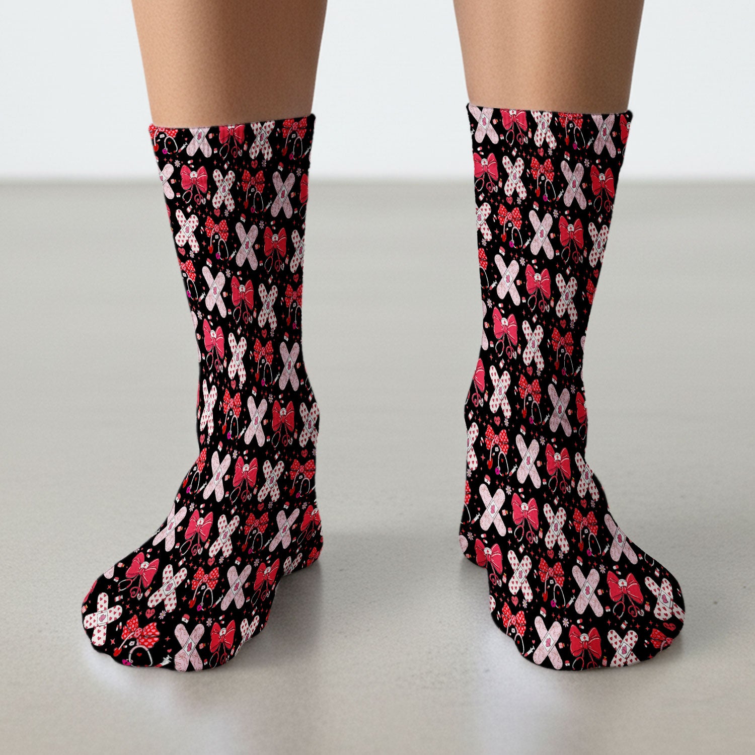 Valentine Nurse Scrub Socks, Red Bow And Heart Bandage Pattern Medical Sock, Breathable Fabrics Nursing Uniform