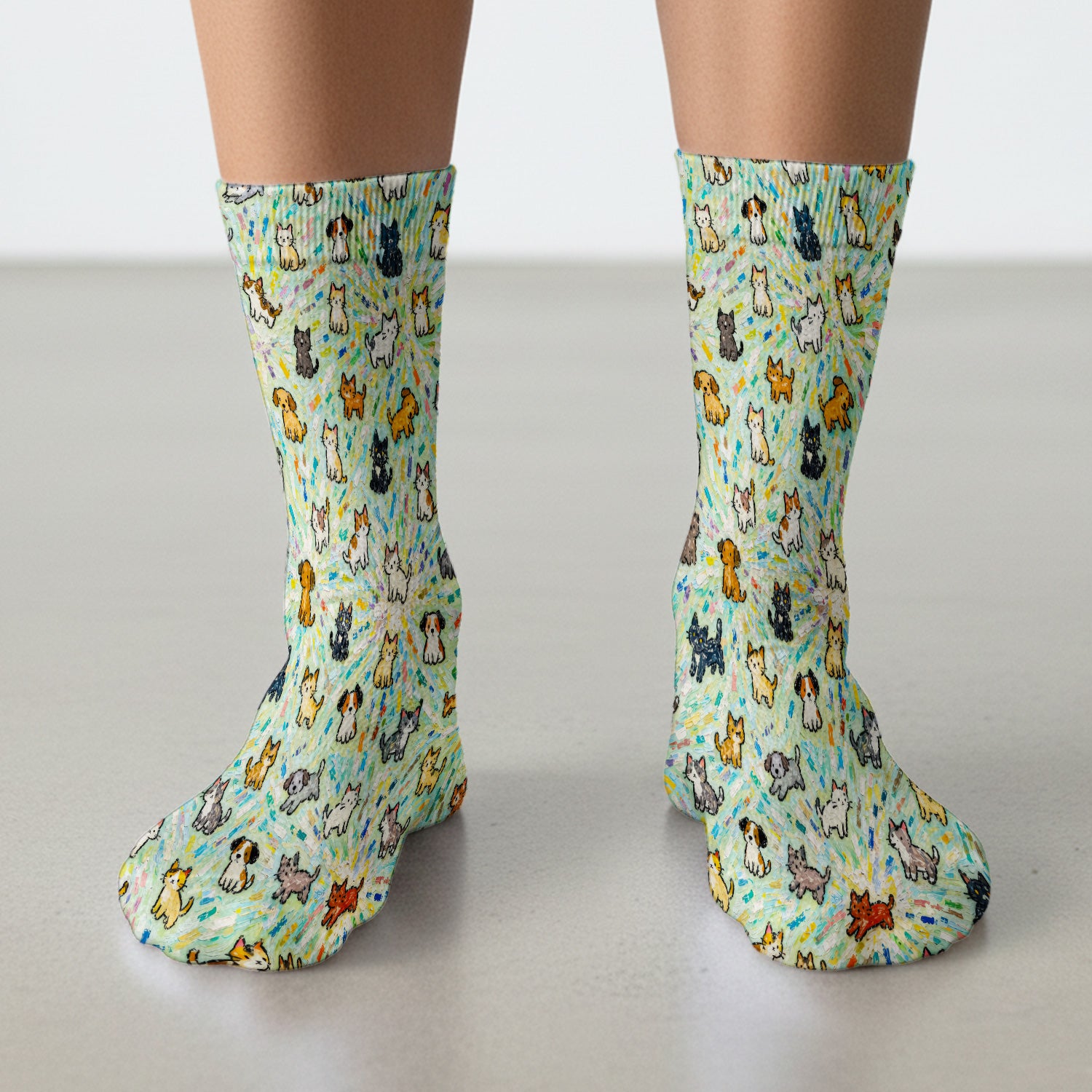 Colorful Cats Dogs Doodle Pattern Socks, Adult Socks for Men and Women