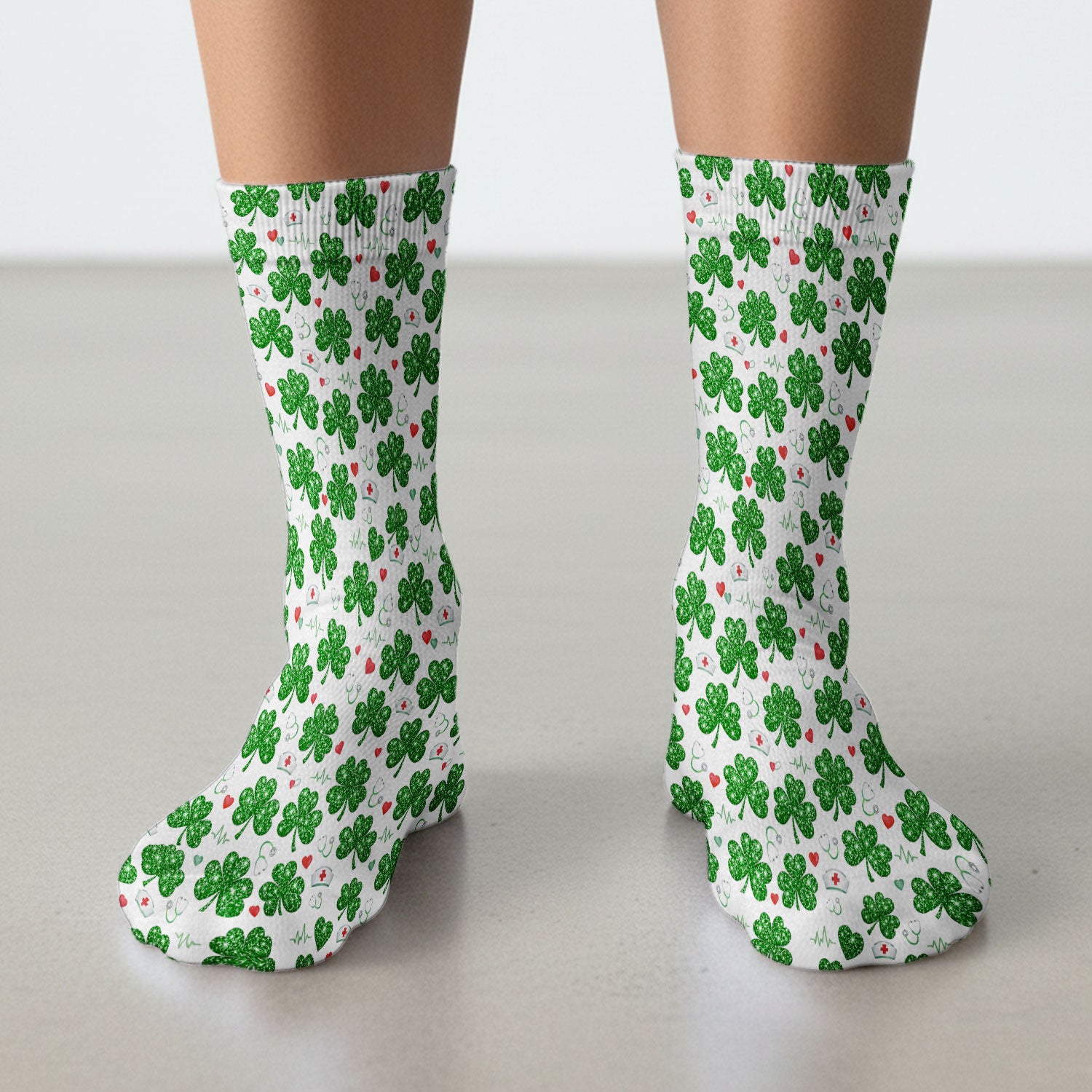 St. Patrick’s Day Nurse Scrub Socks, Green Clover Medical Pattern Sock, Breathable Fabrics Nursing Uniform