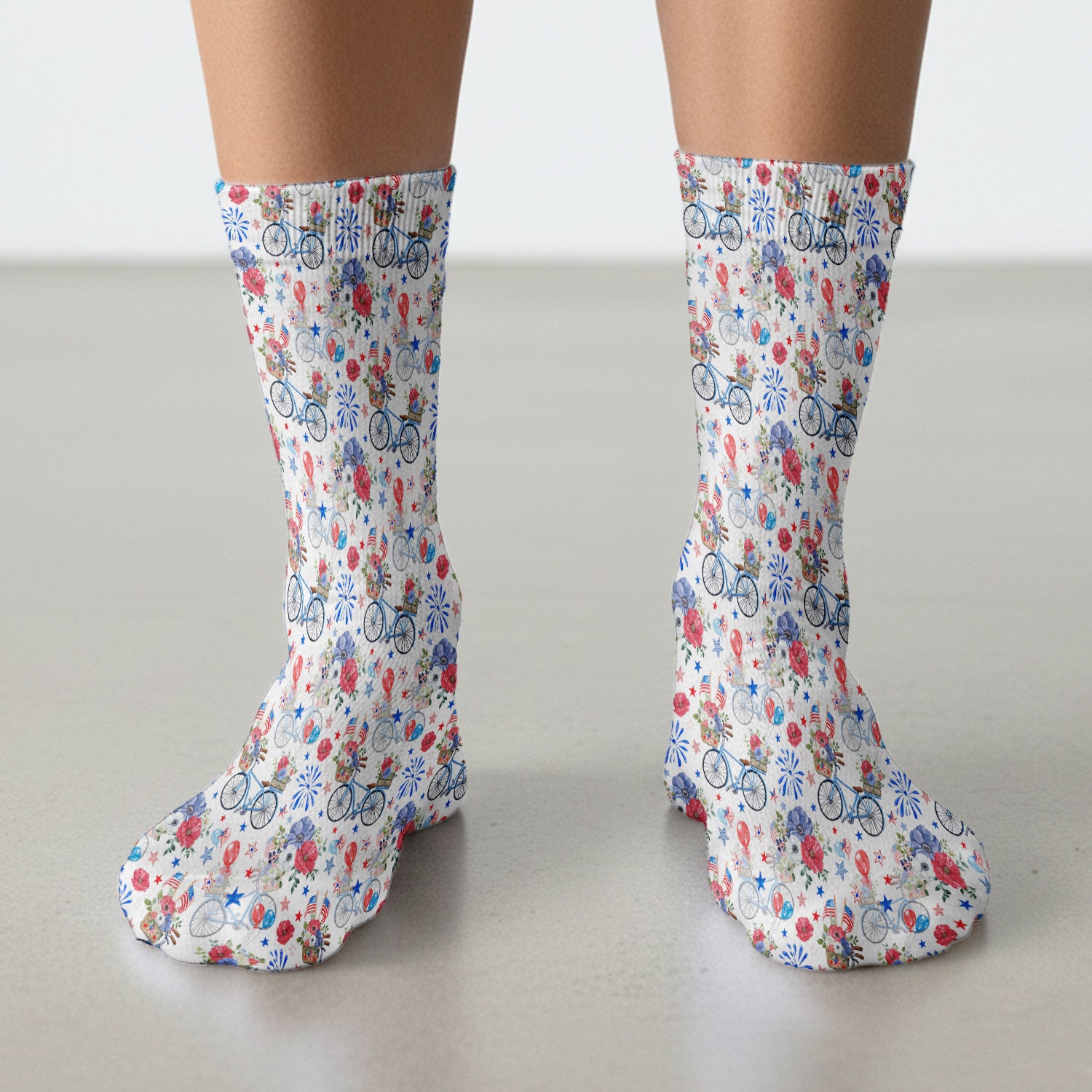 Patriotic Bicycle Floral Fireworks Print Socks, Adult Socks for Men and Women