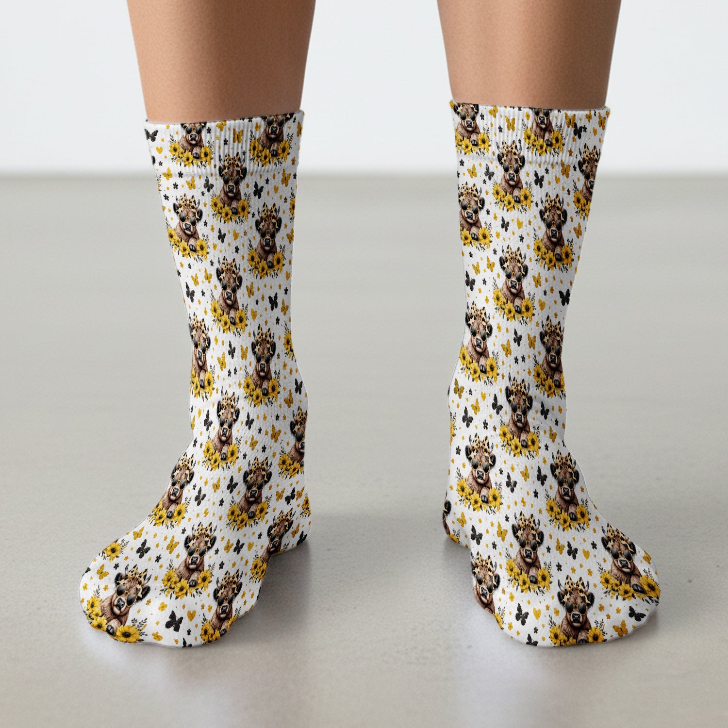 Sassy Highland Cow Sunflower Pattern Socks, Adult Socks for Men and Women