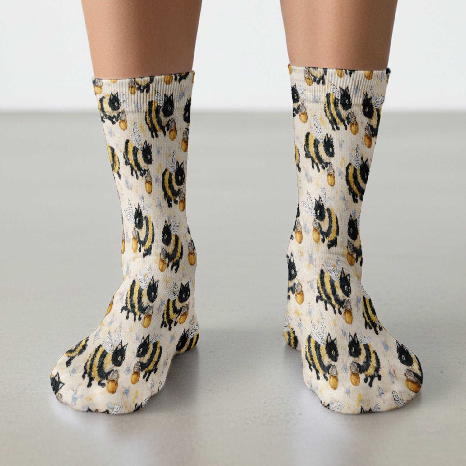 Adorable Nurse Bumblebee Cat Honey Jar Winged Pattern Socks, Adult Socks for Men and Women