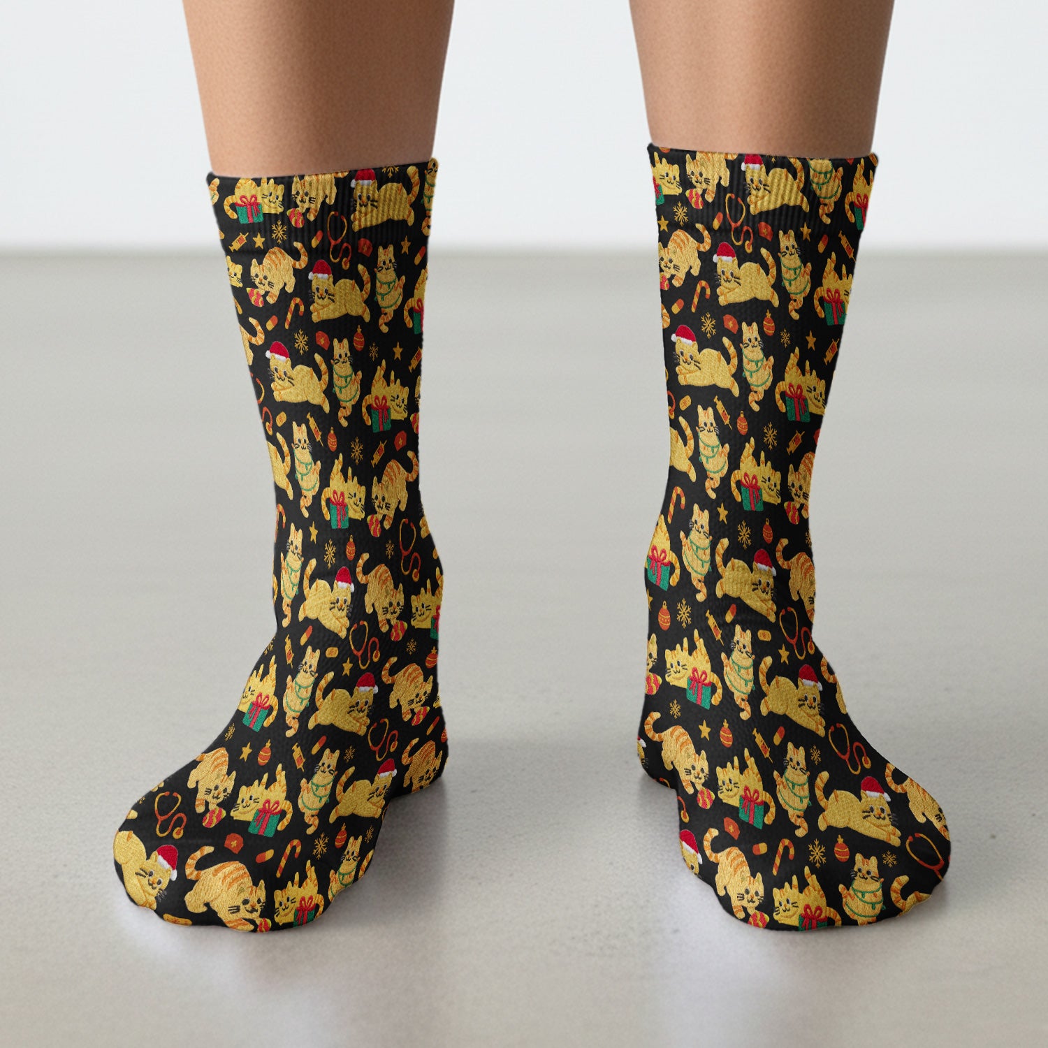 Christmas Cat Nurse Scrub Socks, Cute Holiday Kitty Medical Uniform For Nursing