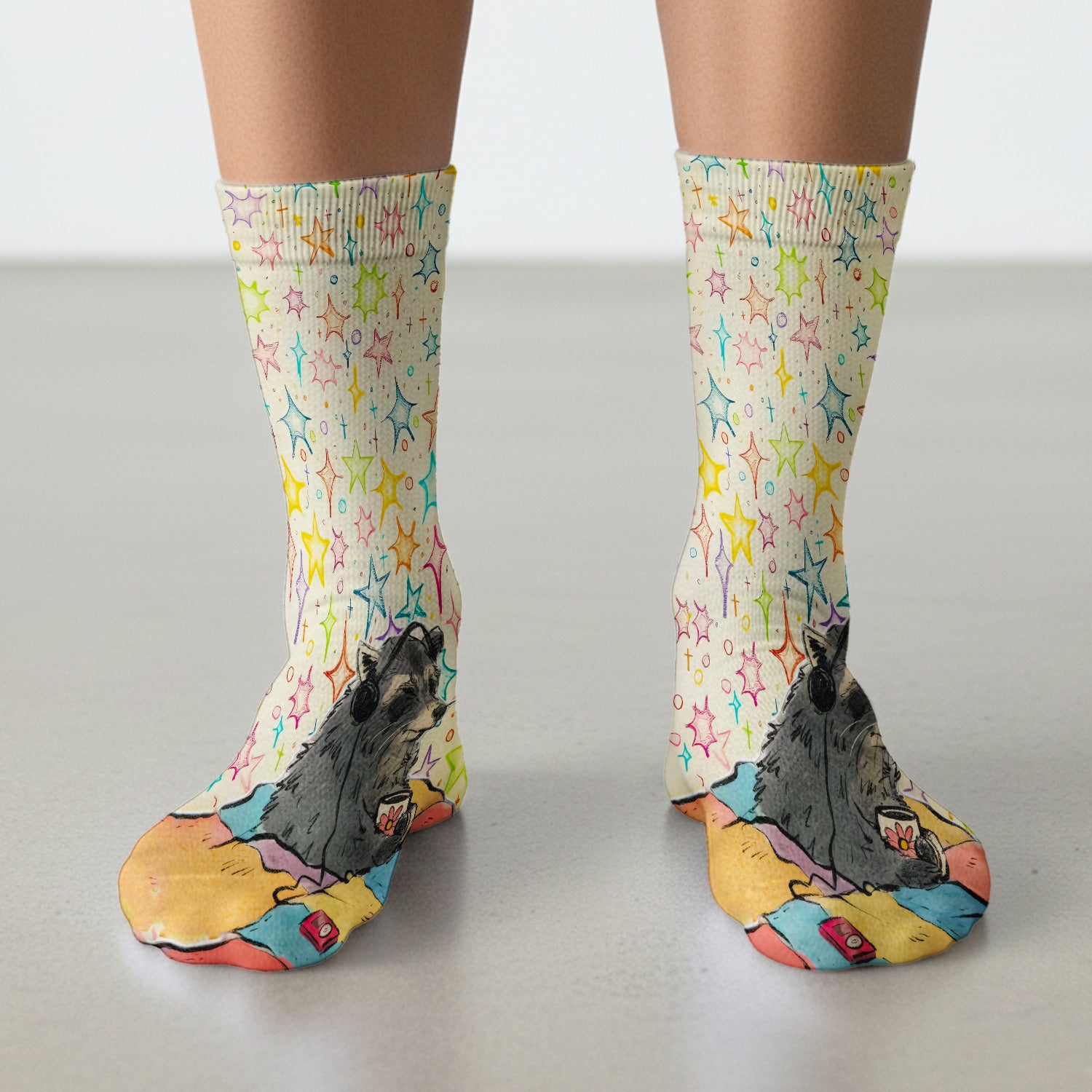 Chill Raccoon Starry Music Pattern Socks, Adult Socks for Men and Women