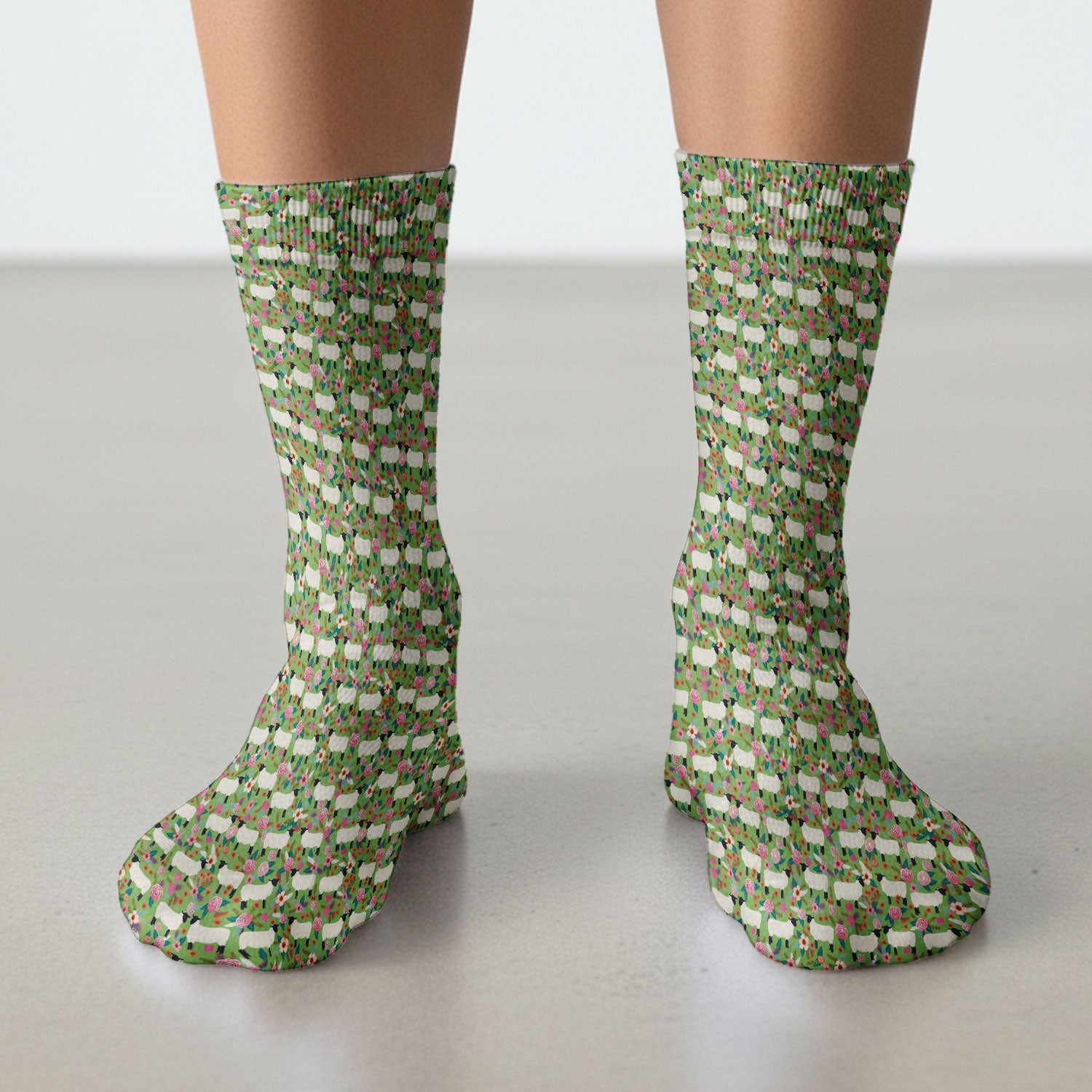 Cute Sheep Floral Meadow Pattern Socks, Adult Socks for Men and Women