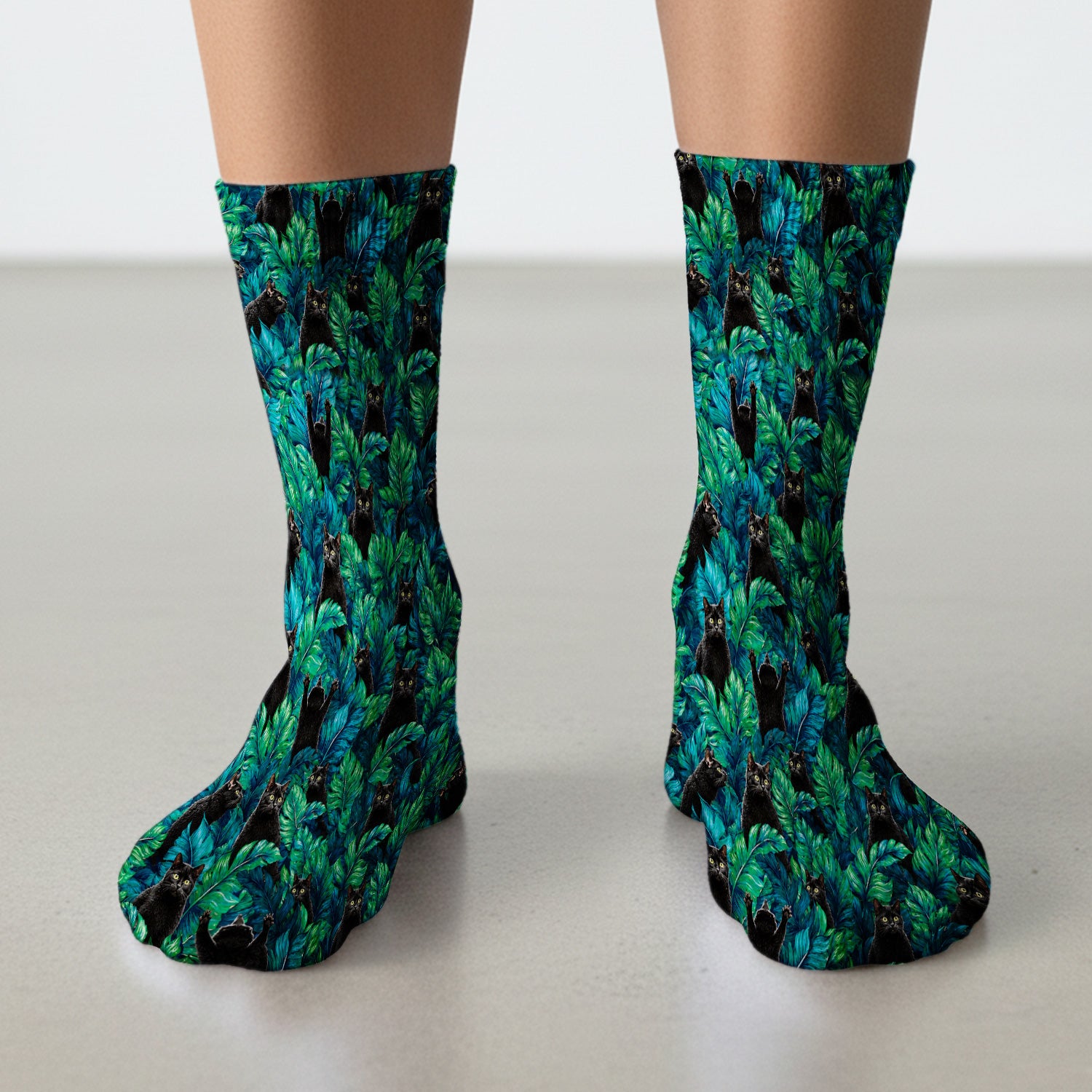 Black Cat Tropical Jungle Leaves Pattern Socks, Adult Socks for Men and Women
