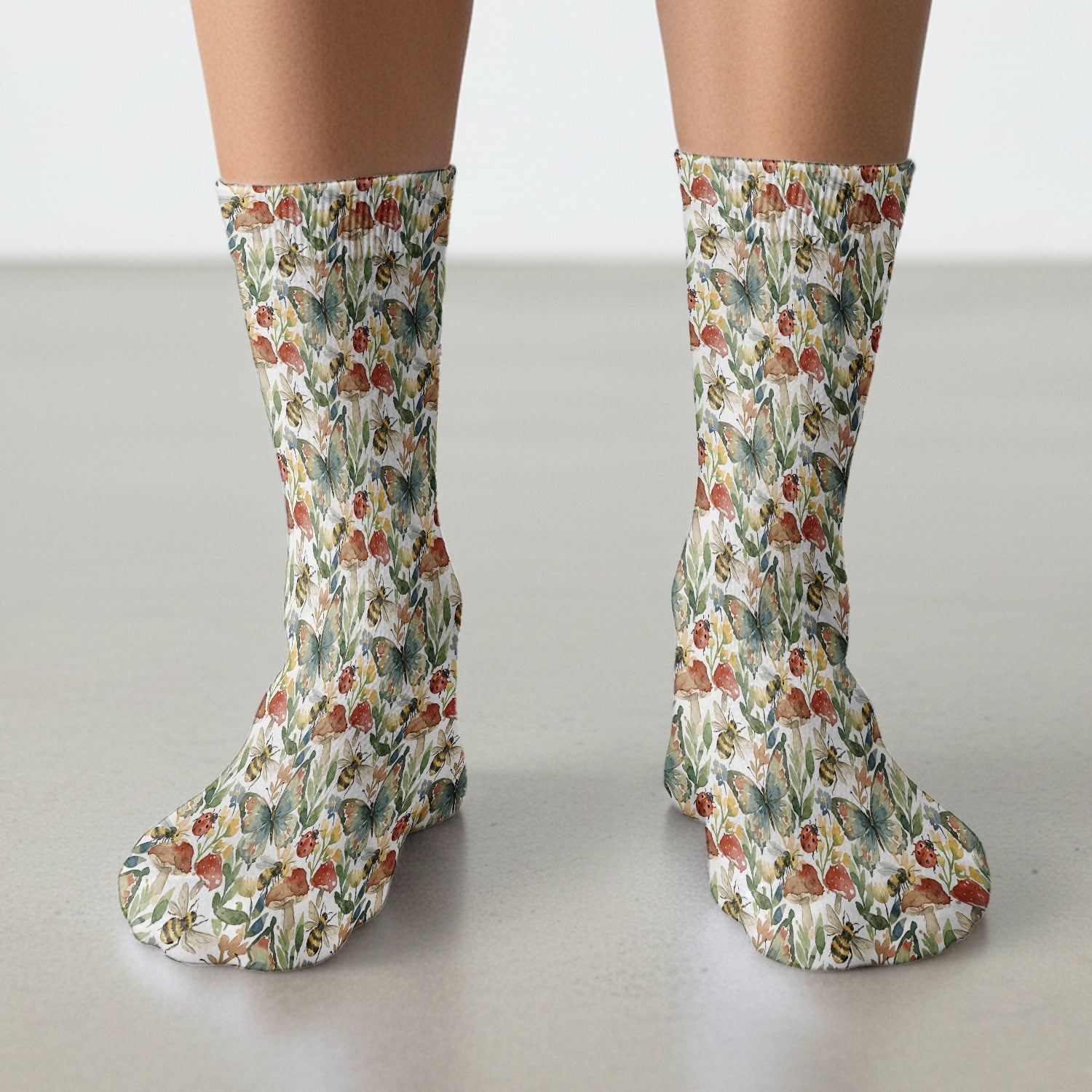Butterfly Bee With Floral Mushroom Socks, Adult Socks for Men and Women