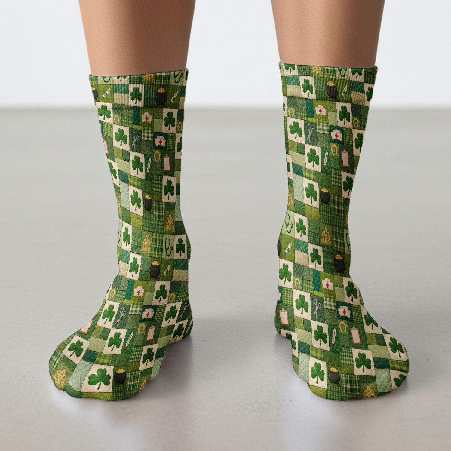 St Patrick Medical Patchwork Shamrock Socks, Adult Socks for Men and Women