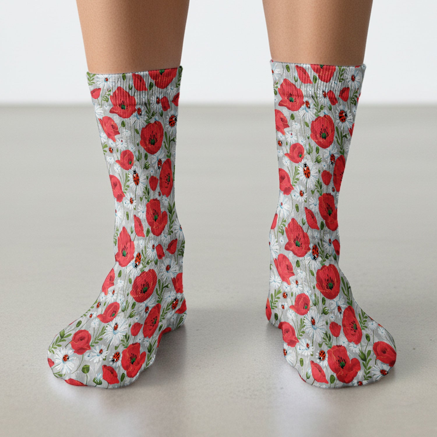 Cute Red Poppy Daisy Ladybug Floral Print Socks, Adult Socks for Men and Women