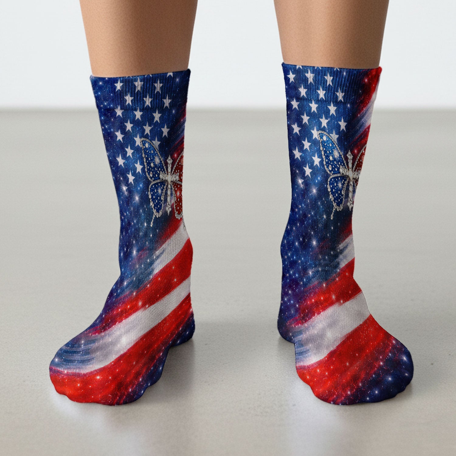 USA Flag Glitter Butterfly Rhinestone Pattern Socks, Breathable Fabrics Medical Uniform