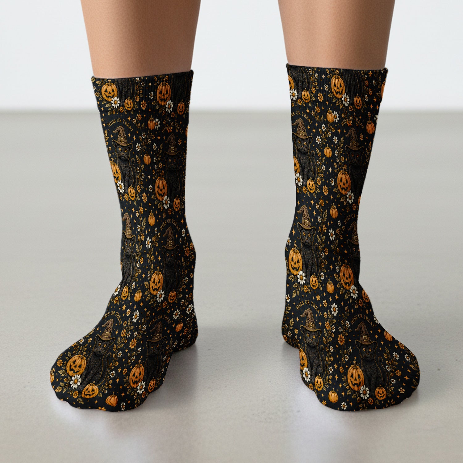 Halloween Black Cat Pumpkin Floral Socks, Adult Socks for Men and Women