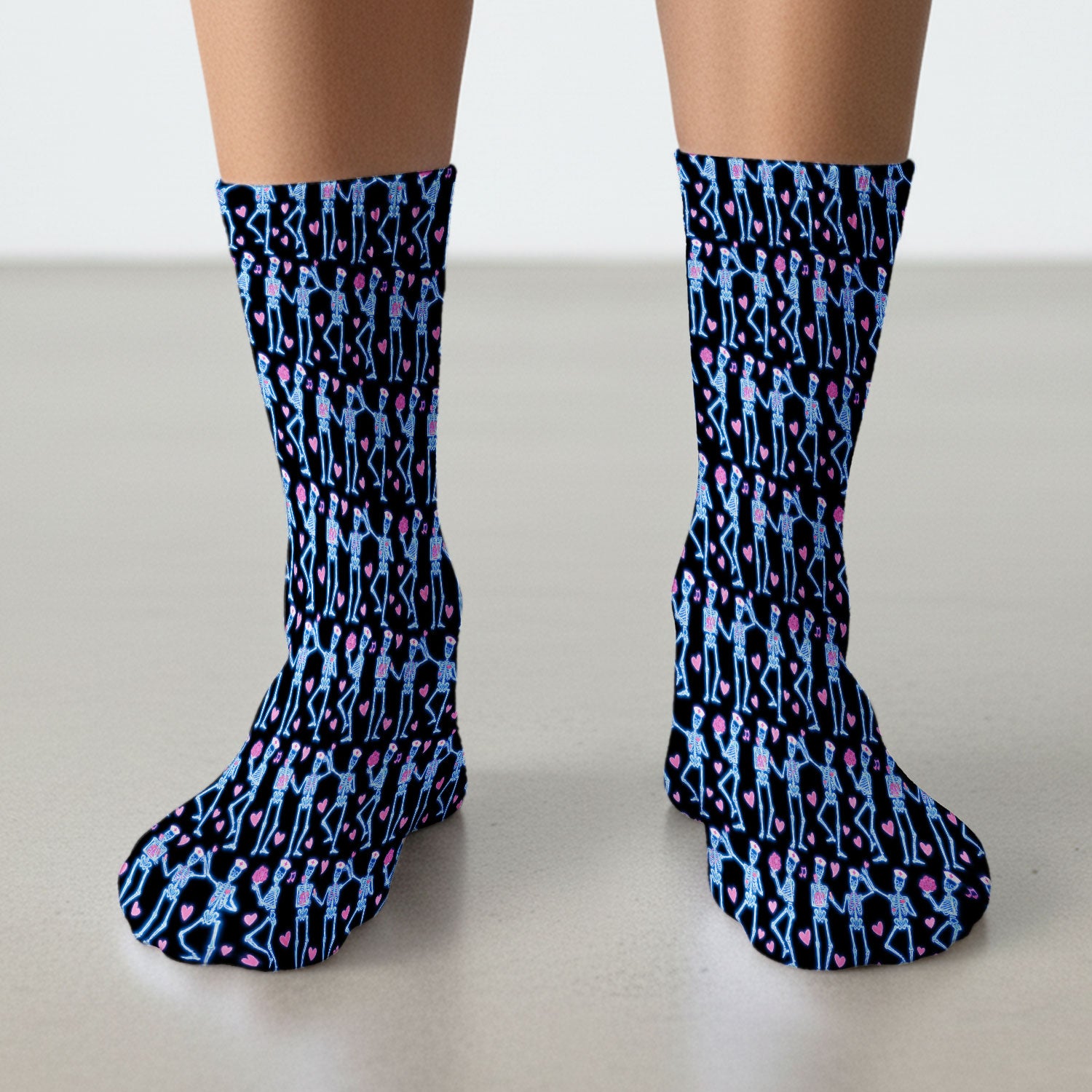 Skeleton Nurse Heart Pattern Socks, Playful Nurse Style, Adult Socks for Men and Women