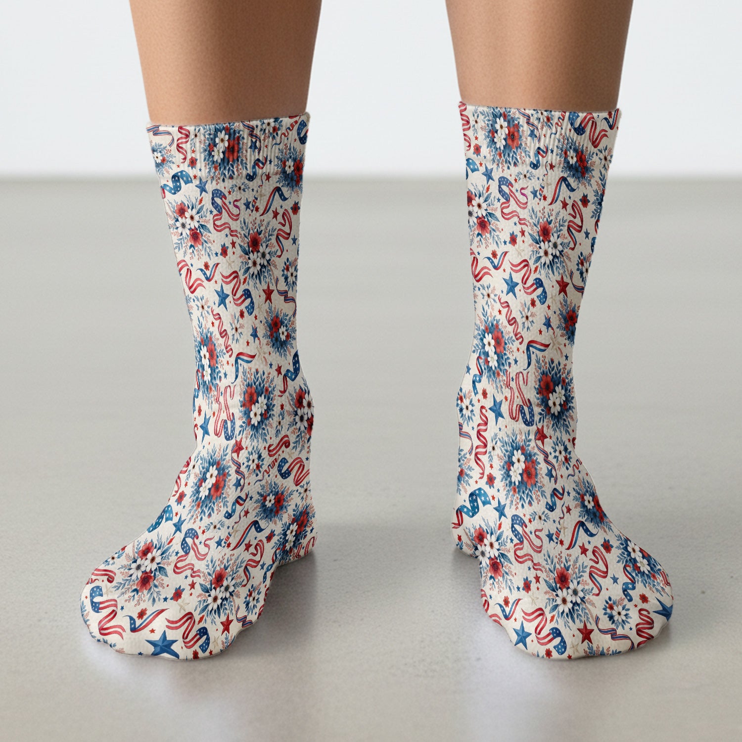 Patriotic Floral Ribbon Nurse for RN & CNA, Americana Healthcare Workers Uniform Socks, Adult Socks for Men and Women