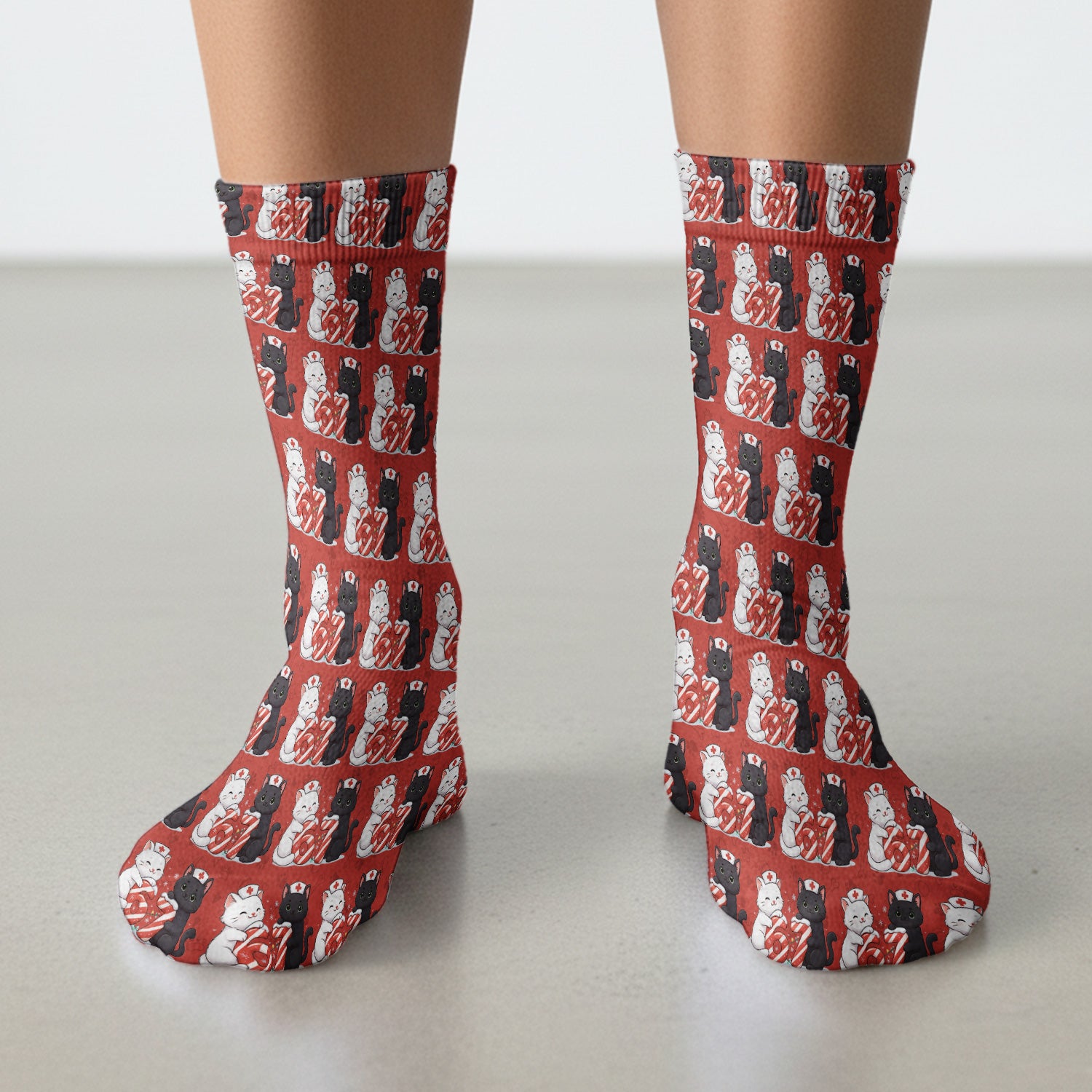 Xmas Cat Pattern Scrub Socks, Christmas Nurse Six Seven With Cat Scrub Sock, Breathable Fabrics Nursing Uniform