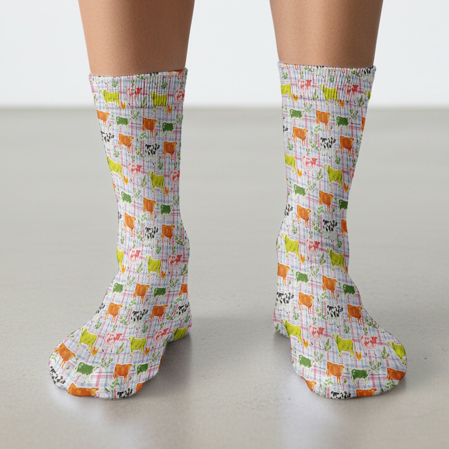 Colorful Farm Cow Plaid Print Socks, Funny Animal Crew Socks for Men and Women