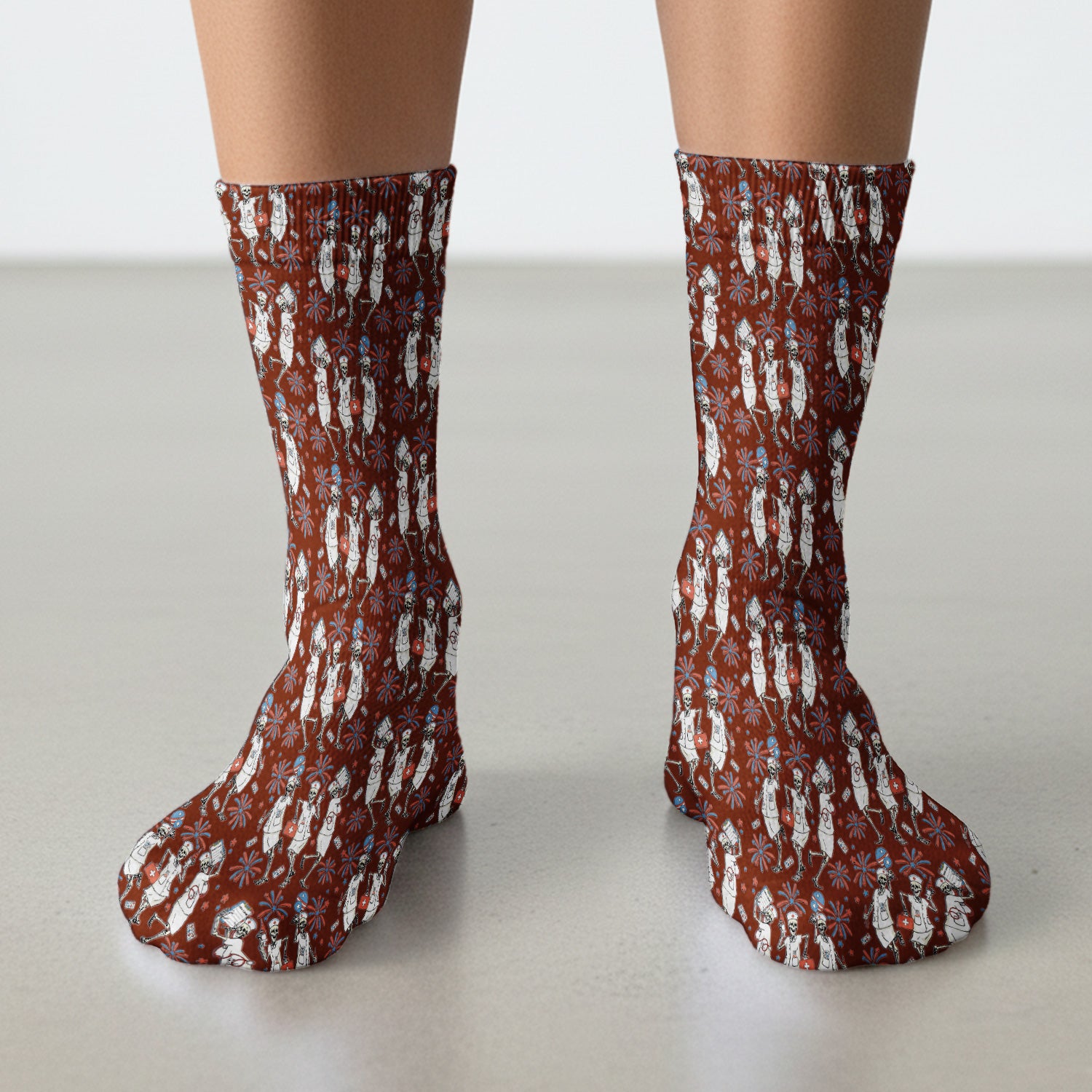 Funny Skeleton Nurse Patriotic Print Socks, Breathable Fabrics Medical Uniform