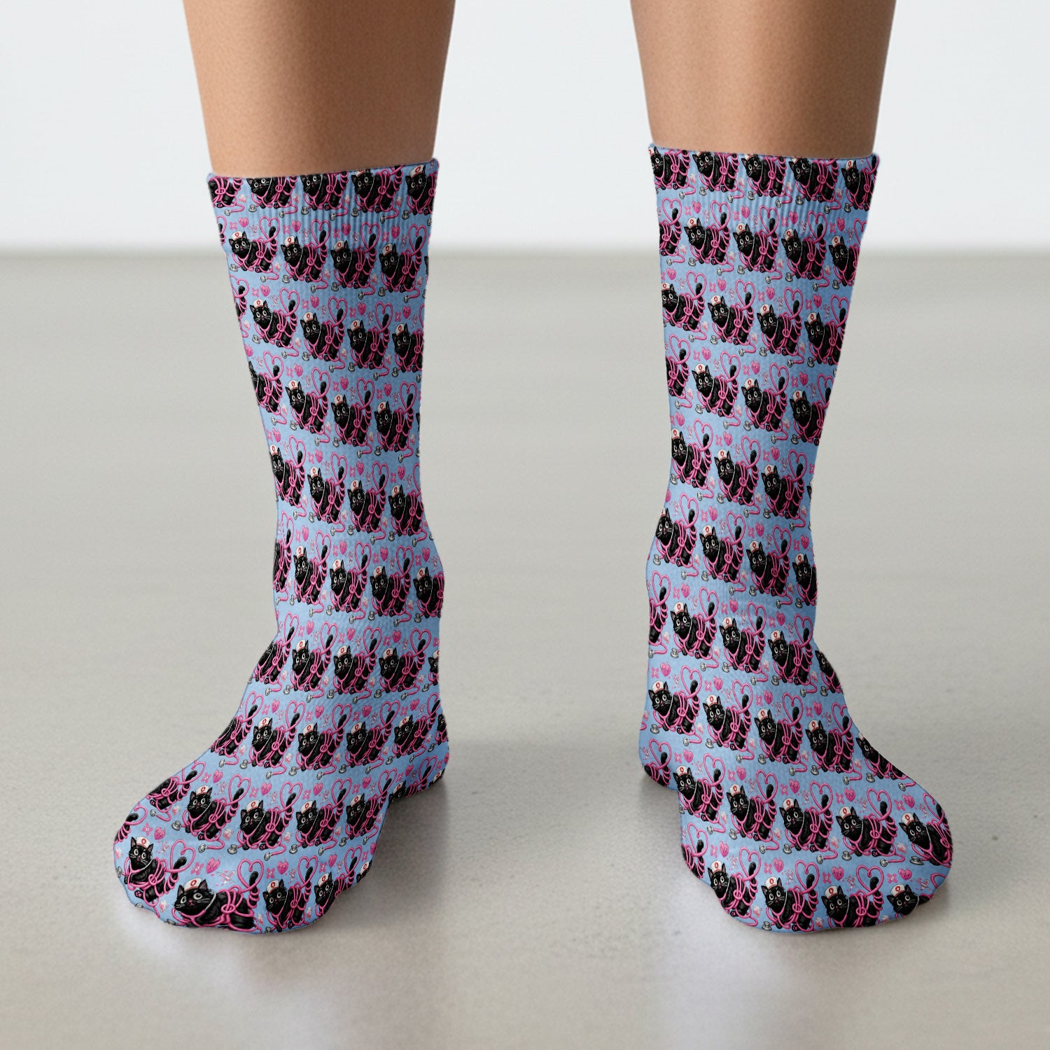 Valentine Cute Cat Nurse Heart Print Medical Socks, Adult Socks for Men and Women