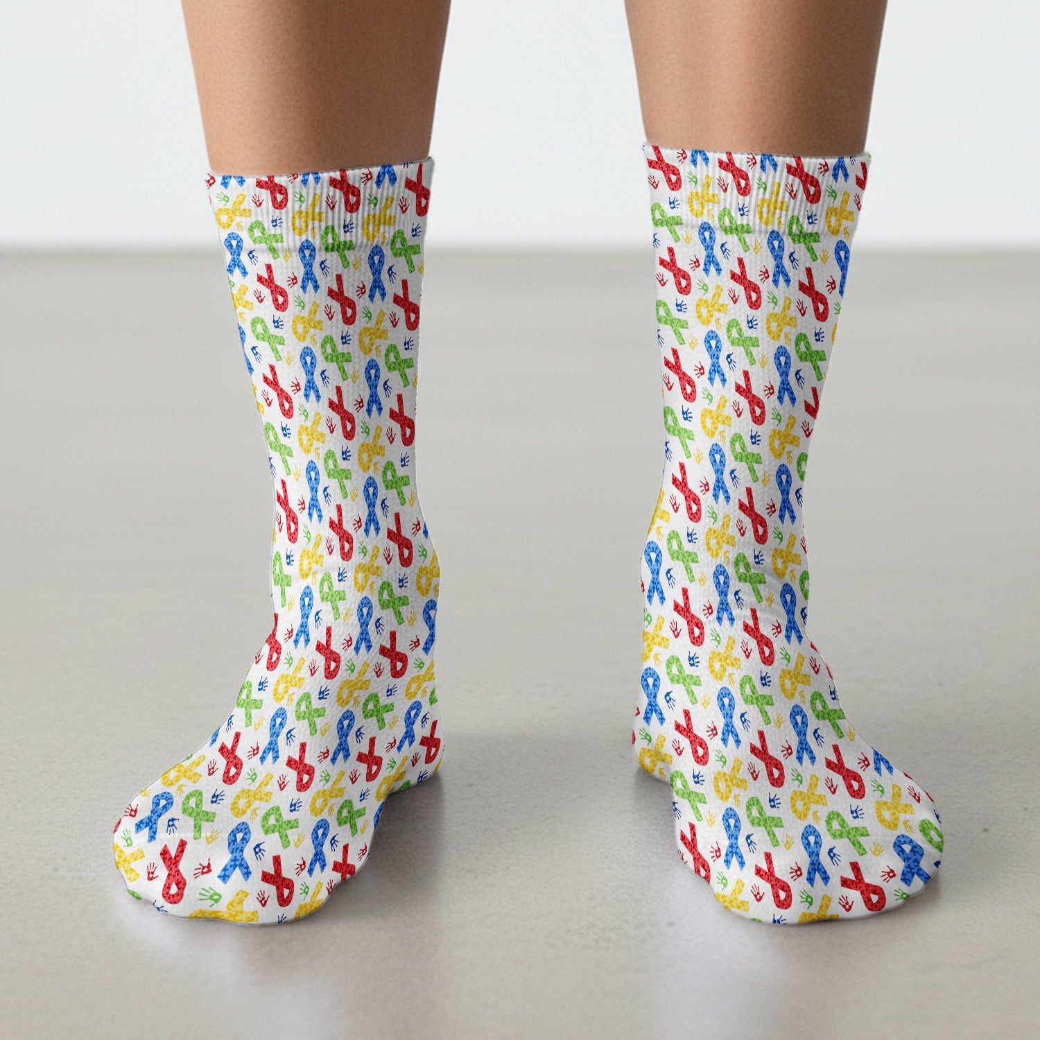 Multicolor Ribbon Handprint Design Crew Socks, Unisex Casual Socks