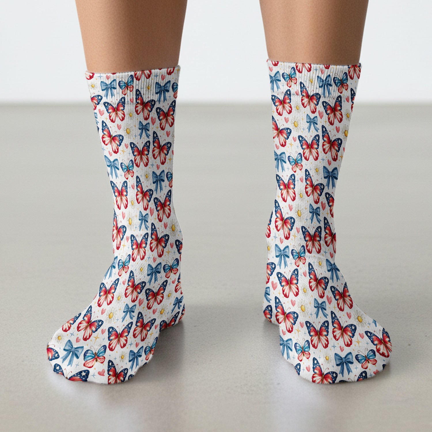 Patriotic Butterfly Bow Daisy Pattern Socks, Adult Socks for Men and Women