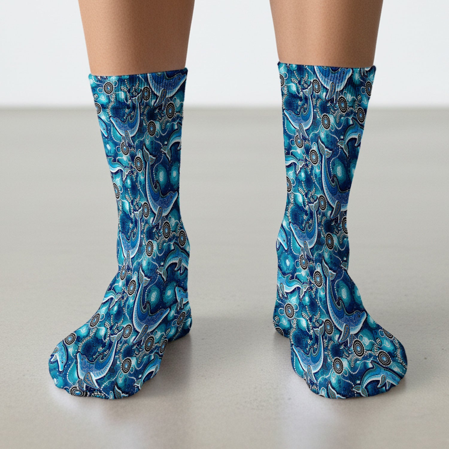 Ocean Dolphin Aboriginal Dot Print Socks, Adult Socks for Men and Women