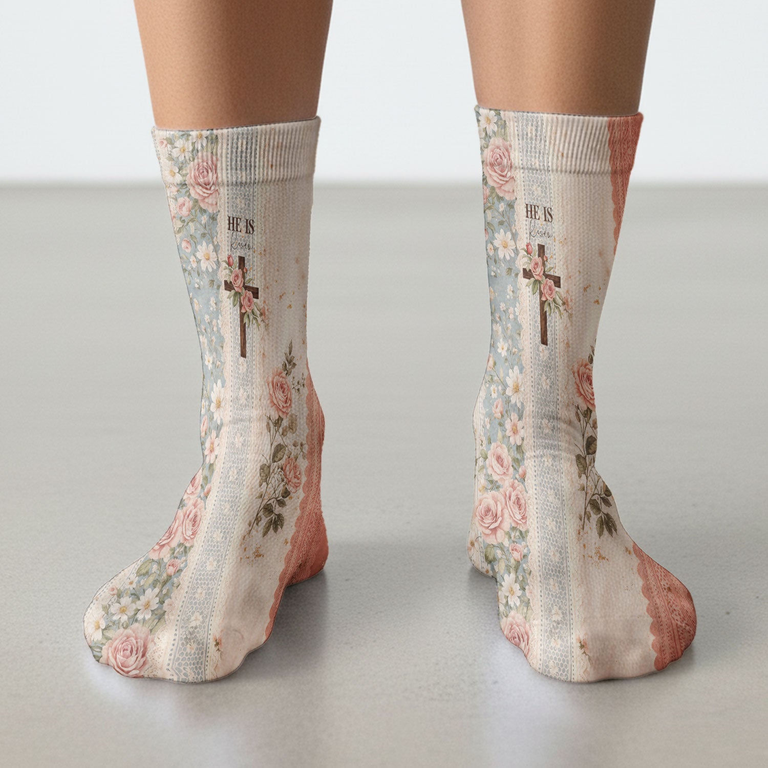 Inspirational Christian Cross Rose He Is Risen Vintage Floral Pattern Socks, Adult Socks for Men and Women