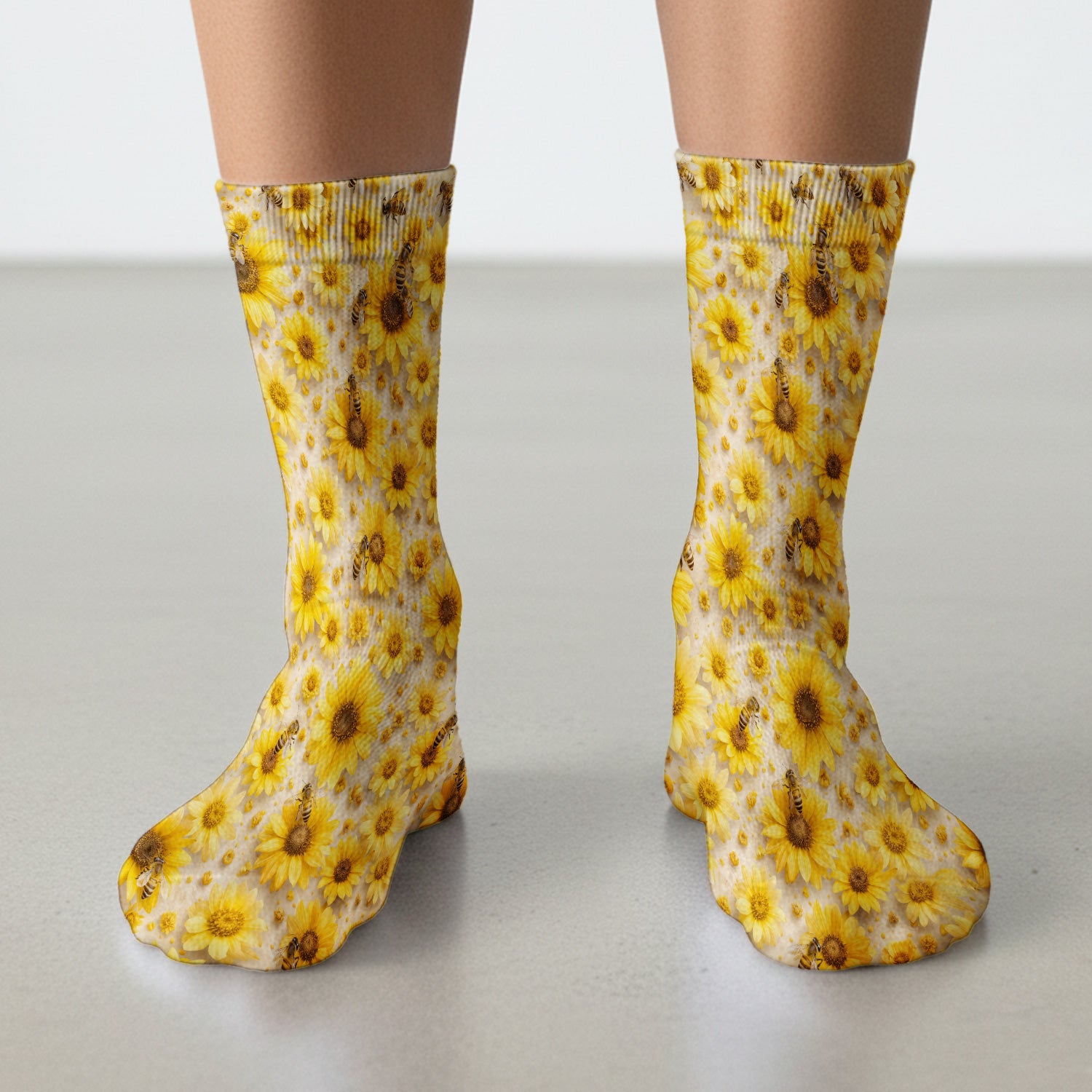 Yellow Sunflower Bee Garden Bloom Pattern Socks, Adult Socks for Men and Women